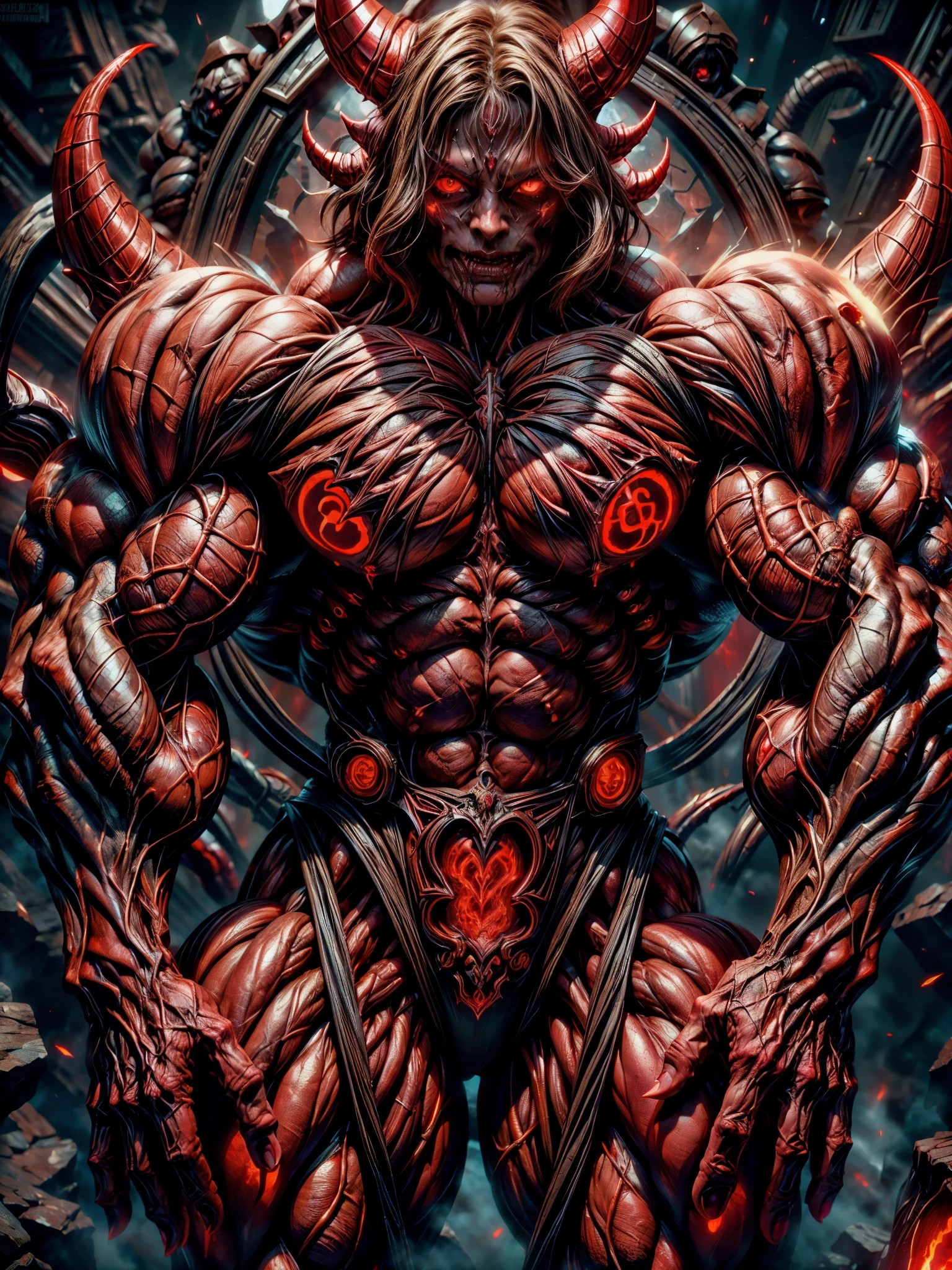 Sexy Evil nude demonic Succubus, Muscular skinless physique, Demon horns, demonic tech muscular bodysuit, an evil red glow emanating from her, diabolic, insidious, Context of the Satanic Church, (8k, RAW photo, photorealistic:1.25), large veiny breasts, perfect hands,