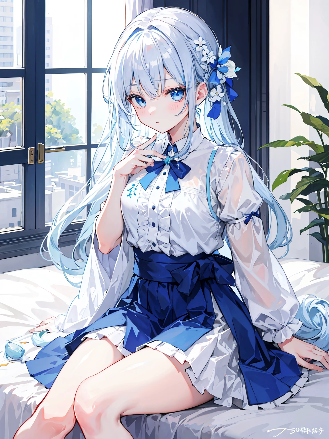 在一张非常大的white色床上, white色枕头, white光, there is a girl, sitting on bed, 身穿white色公主裙, white, A blue bow is tied around the waist, There is a blue band on the wrist, blue eyes, 长长的white头发, Exquisite facial features, Beautiful and moving, (vivid description), Single braid, Color difference, reflected light, ultra high definition, masterpiece, Super details, high detail, best quality