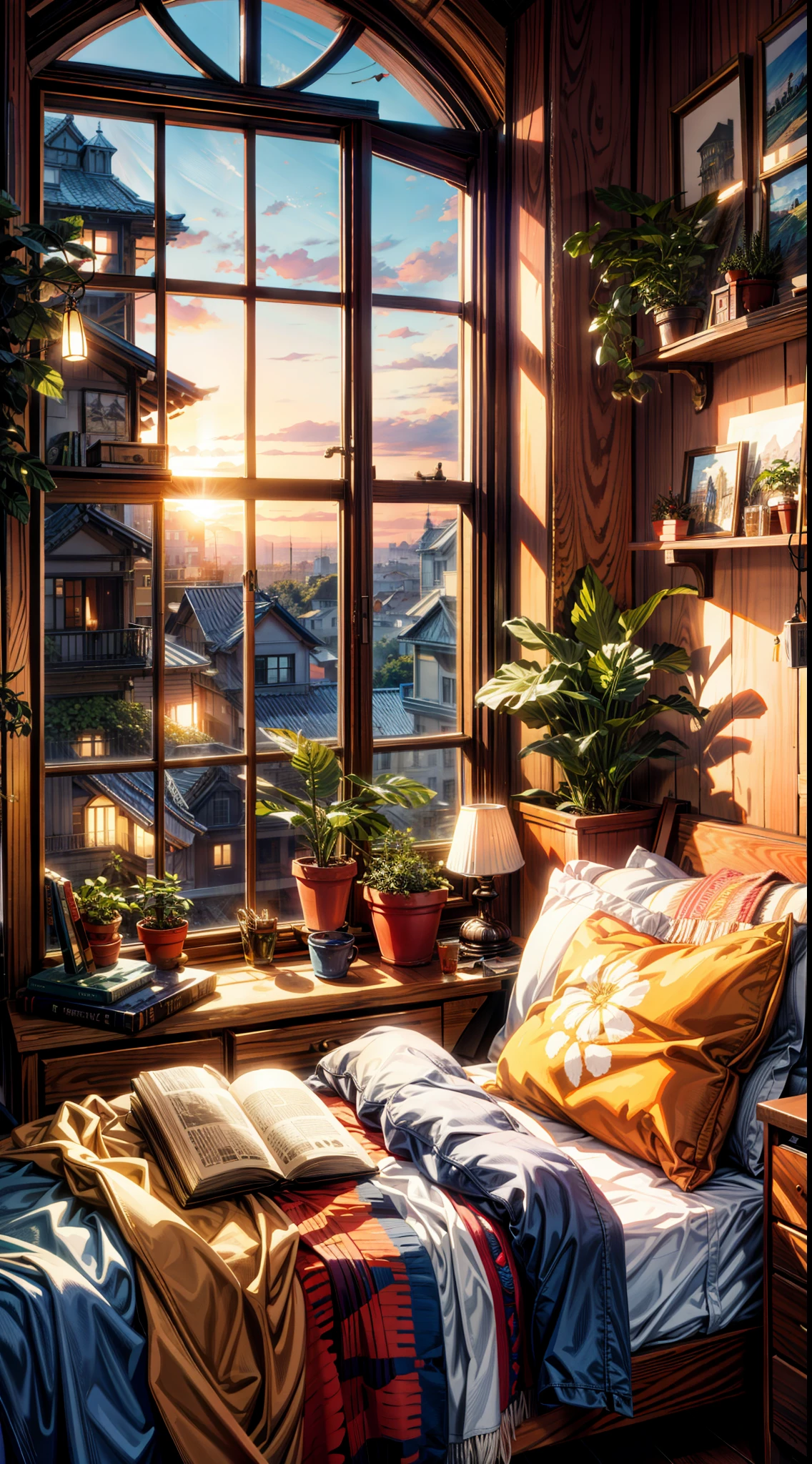 painting of a cozy boho bed room, sunlight, beautiful calm lofi vibe,big bed, quill, side table, monstera plant, hanging lights , 4k hd, sunlight, cloud,big window,open balcony,book rack,beautiful art uhd 4 k, a beautiful artwork illustration, beautiful digital painting, highly detailed digital painting, blue sky, afternoon, beautiful digital artwork, detailed painting 4 k, very detailed digital painting, rich picturesque colors, gorgeous digital painting