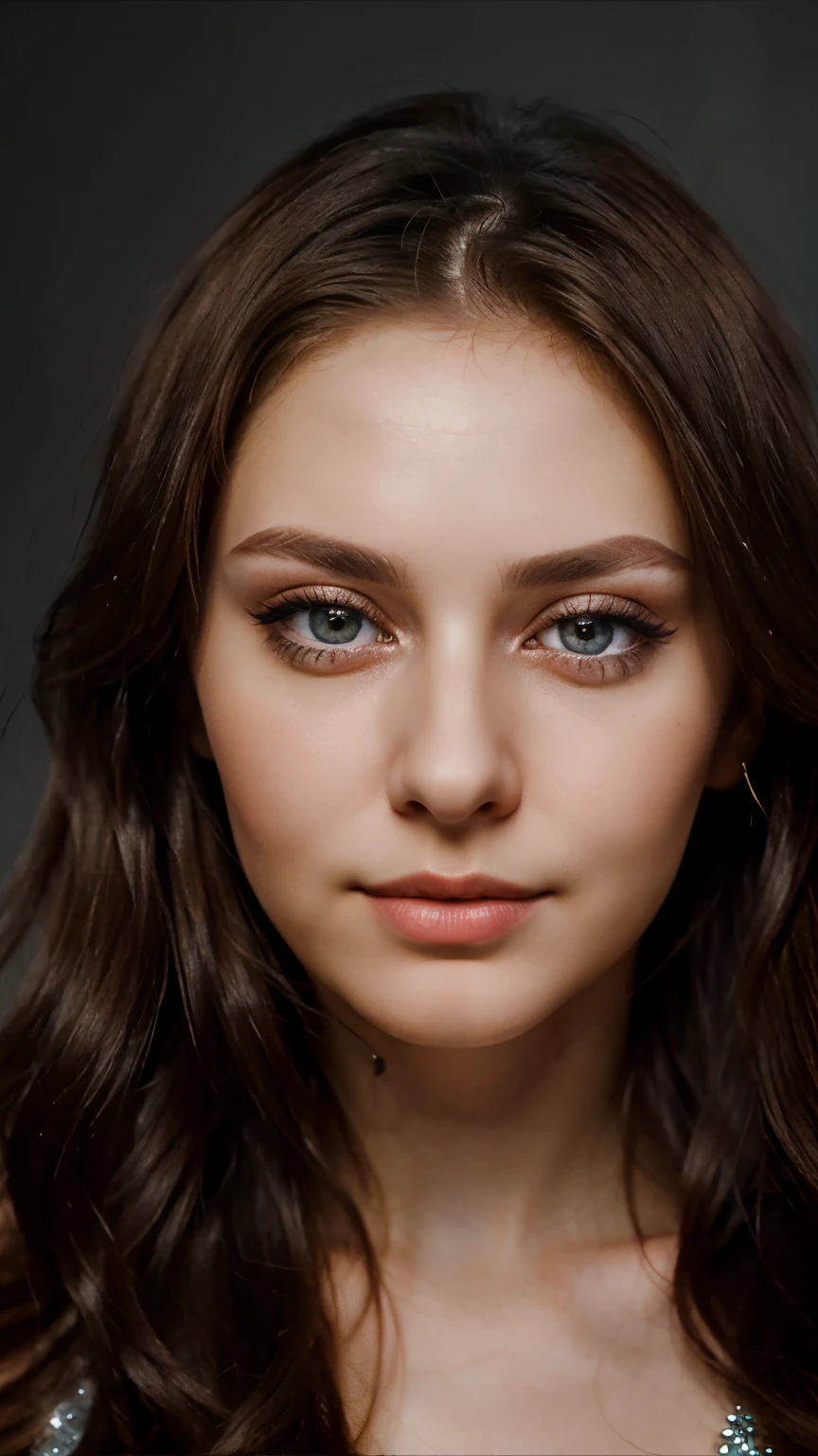 close up portrait of a gorgeos  skinny 29 years old russian woman, seductive eyes, slightly smiling, symetric face , looking straight into the camera, , studio lighting.