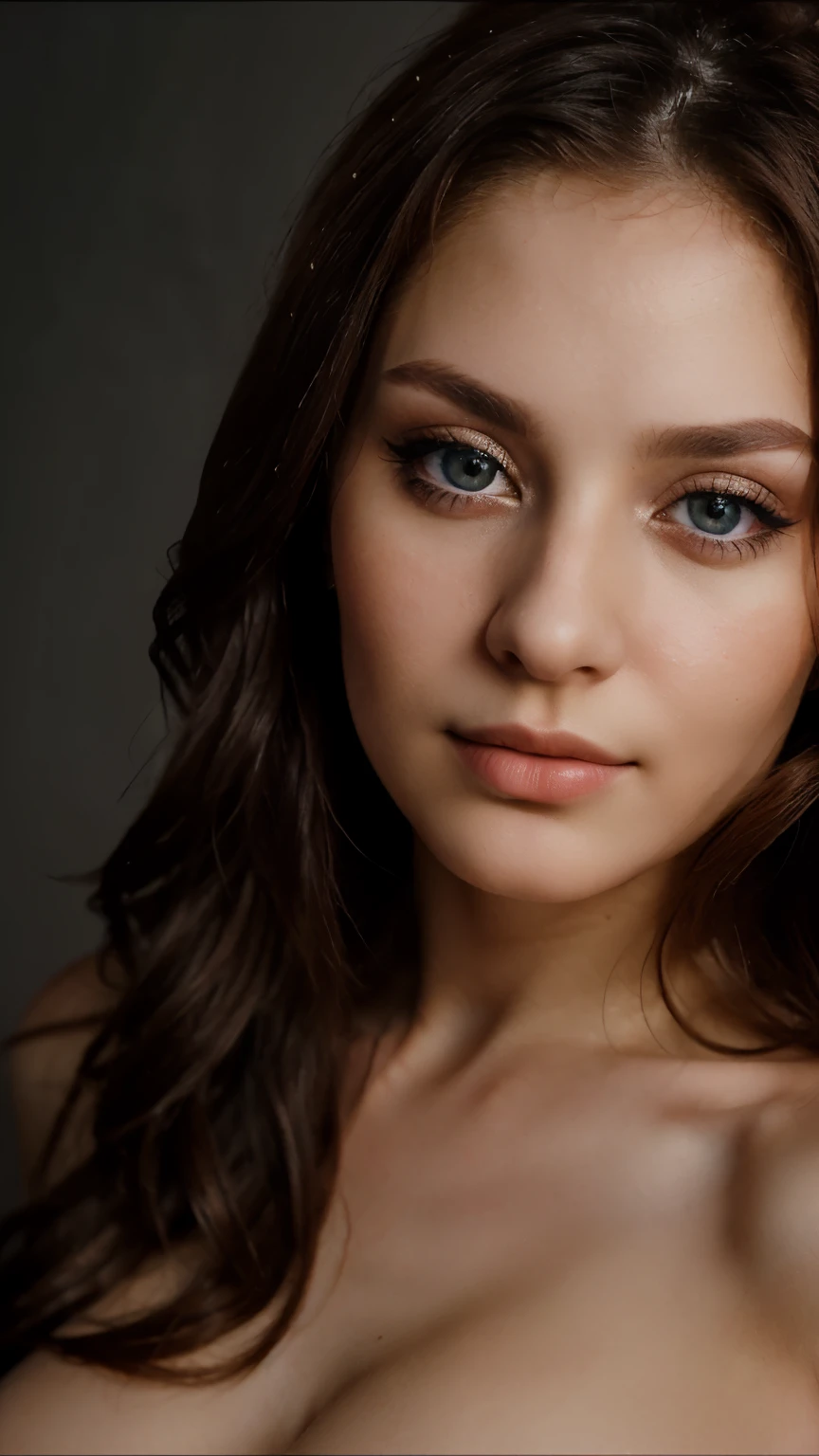 close up portrait of a beautiful ukranian skinny 29 years old russian woman, seductive eyes, slightly smiling , studio lighting.