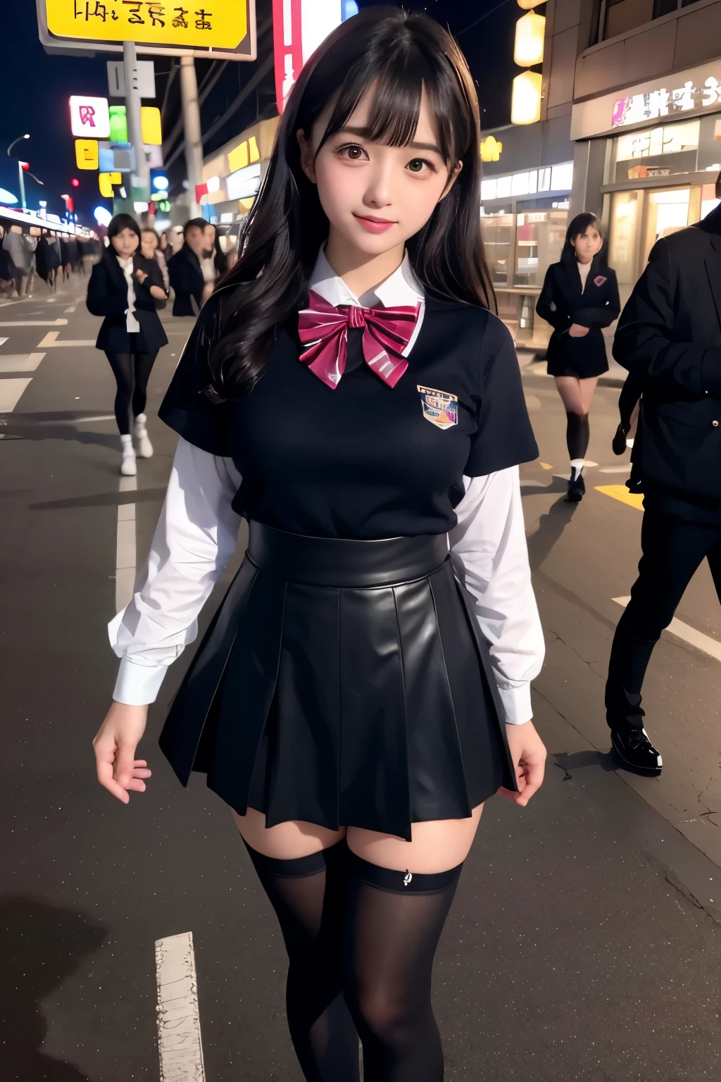 high angle shot、big breasts、Shoes are visible、super treet snap、tall, A baby-faced gal woman wearing a short skirt and bow tie is standing in a neon street at night、high school student、Thin calf、japanese girl、Winter clothes、Wearing Japanese school uniform、Japanese school black uniform、Wearing a surreal high school uniform、girl in uniform、Wearing a dark blue uniform、Full body Esbian、nice skin、glowing skin、nice thighs、(micro hining thighs、Plump thighs、She wears black tights that show her skin、leather shoes、Japanese high school 、Nogizaka Idol、inviting eyes