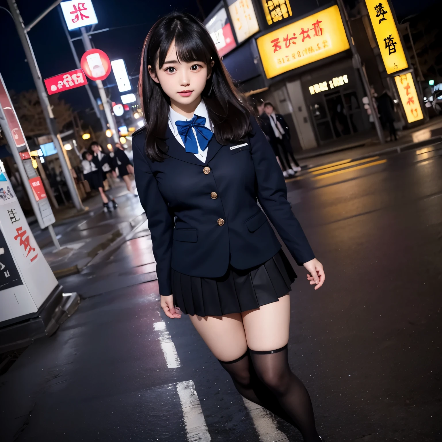 Low angle shot、Big Breasts、Shoes are visible、Supertree Snap、expensive, In the neon city at night、A baby-faced gal woman wearing a short skirt and a bow tie is standing。、high school student、Thin calves、Japanese Girls、Winter clothes、Wearing a Japanese uniform、Japanese school black uniform、Wear surreal high 、Girl in uniform、Wearing a dark blue uniform、Esbian all over、Beautiful skin、Glowing Skin、Nice thighs hinning thighs、Plump thighs、She is wearing revealing black tights.、Leather shoes、Japanese High School 、Nogizaka Idol、Inviting eyes、((Spread your legs wide:1.45))、((Sexual pose:1.5))、((The breasts are half-exposed:1.2))、