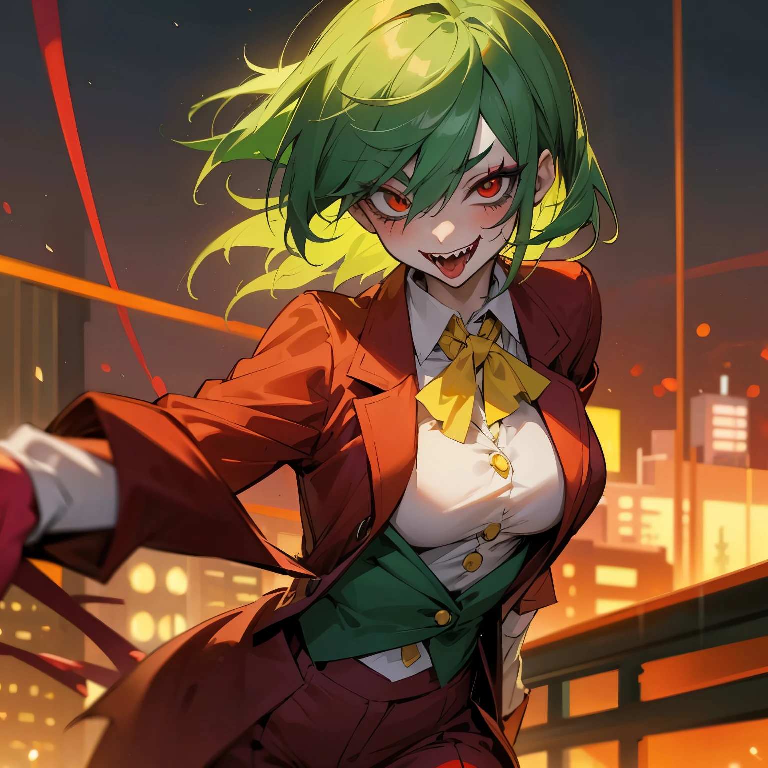 female joker, anime girl, green hair, red blazer, red pants, green collared shirt, yellow, yellow linen waistcoat, red eyes, clown makeup, crazy, yandere, city background, night time, silly face