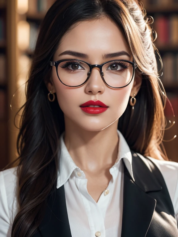 Lucy Pinder, Face portrait, face, cleavage, red lipstick, mouth wide open, curly hair, black hair, long hair, glasses, white blouse, very chubby woman, eyes closed