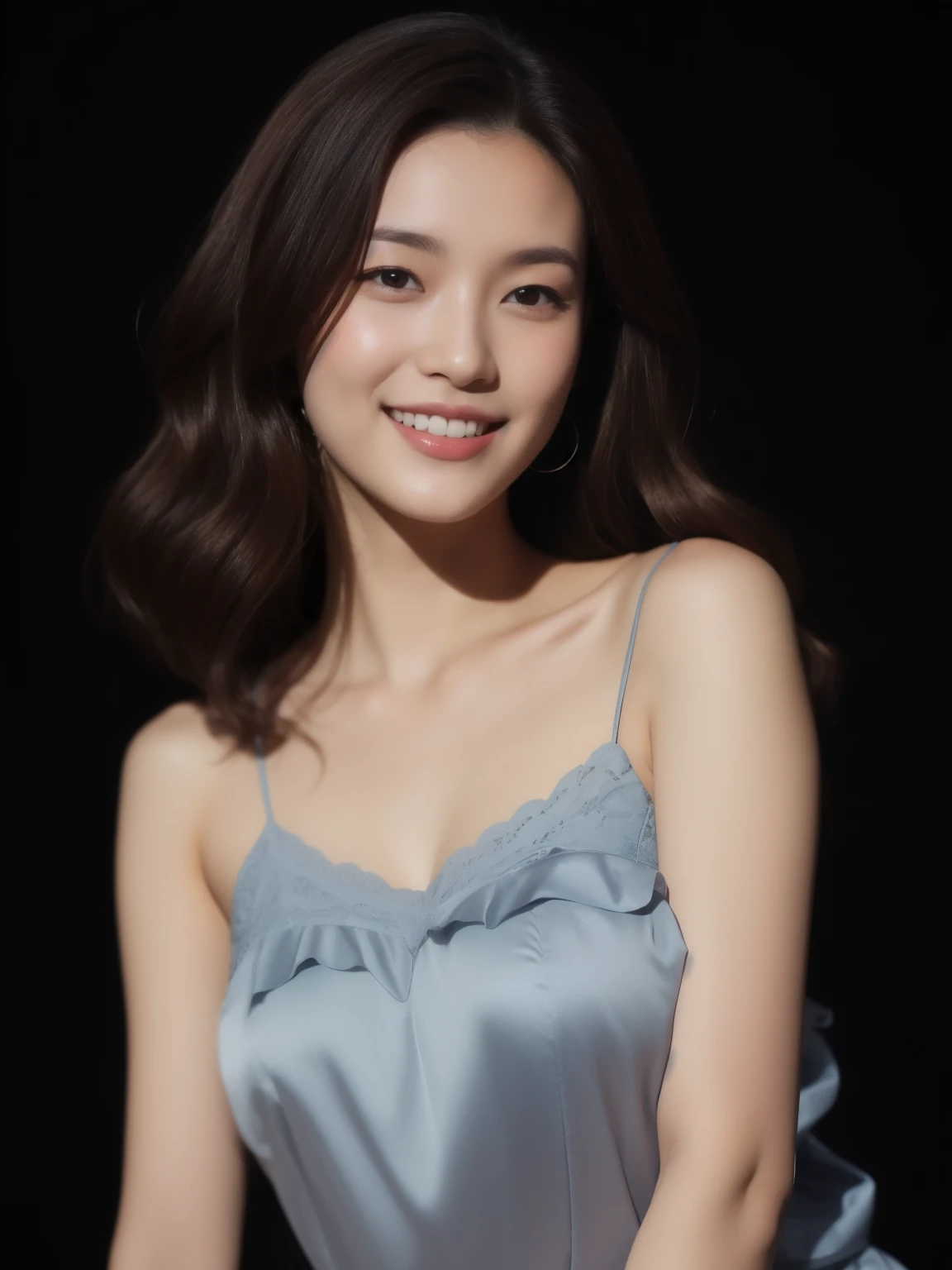 beautiful 31 year old woman。She is wearing a tight camisole of light blue-gray satin fabric。Black lace on chest and hem.。sweet smile。her dark brown hair 、her hair is long and curly。High resolution、masterpiece、highest quality、head w:1.4、((Hasselblad Photos))、fine skin、fine knit、(movie lighting)、clavicle