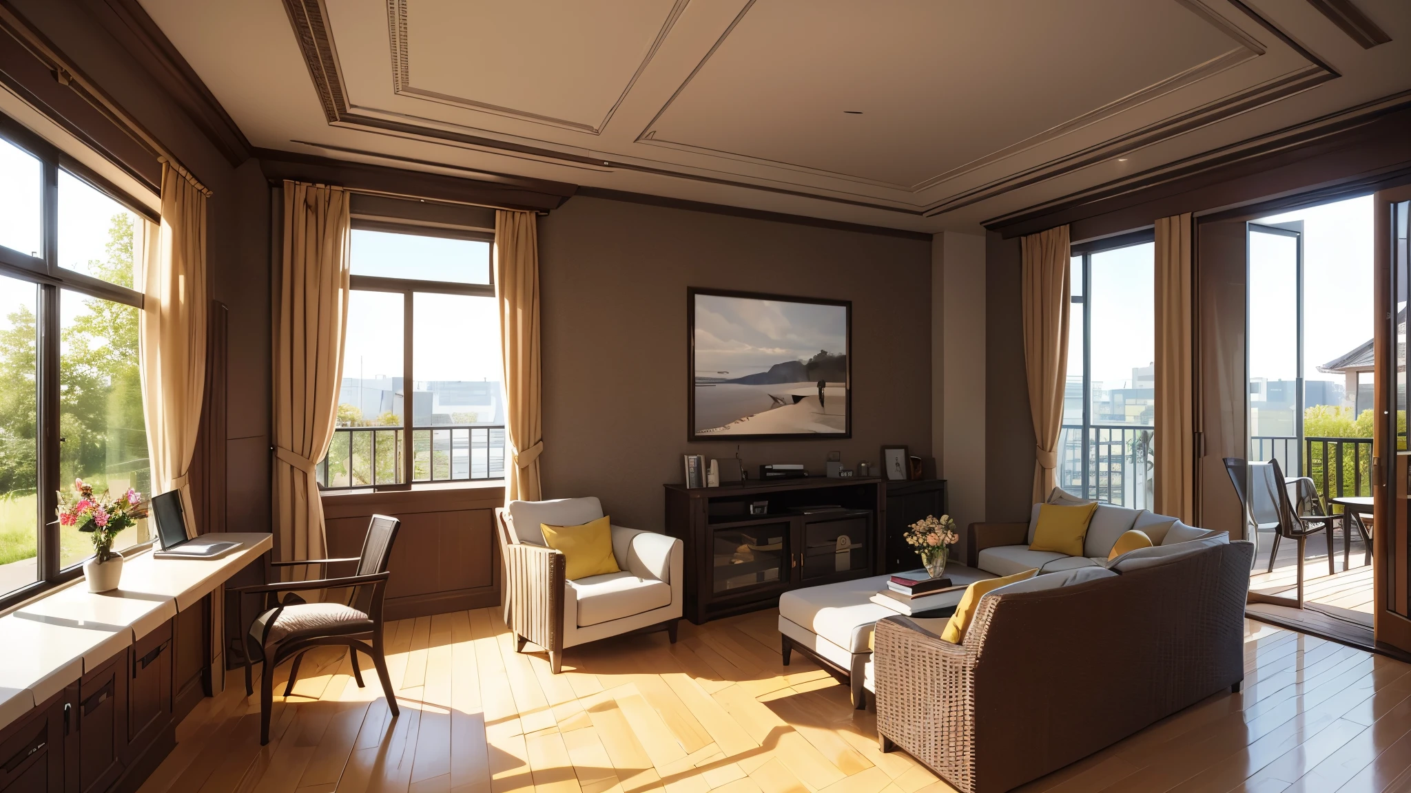 You are a famous interior designer、You have been asked to create a 3D image of a modern large room. Create a harmonious environment with modern and minimalist furniture. Including garden interior.