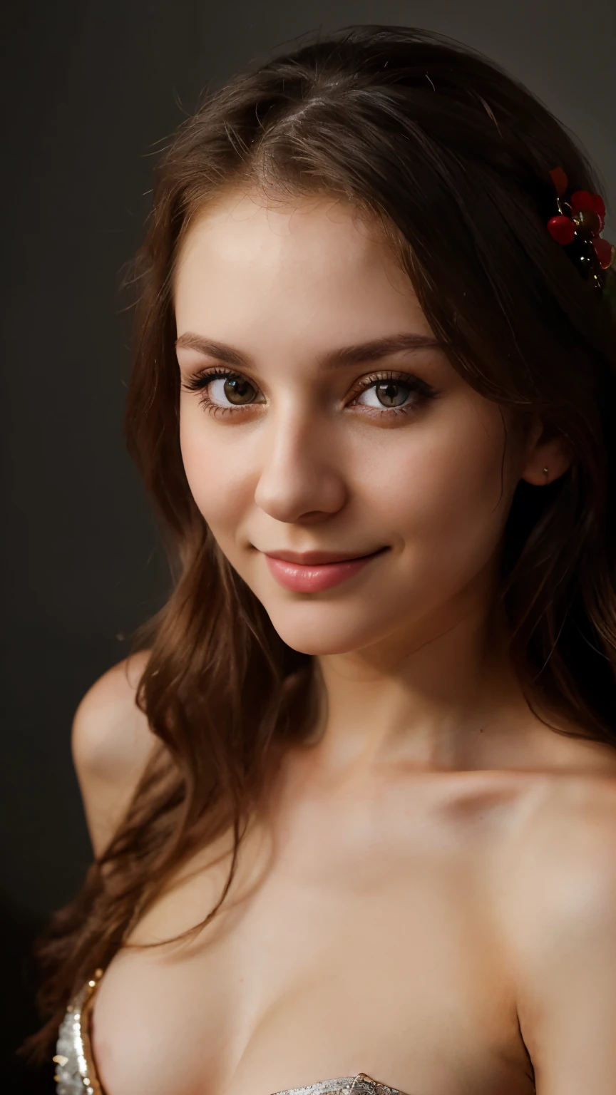 Instagram-Foto, Close-up of 21-year-old Charlotte&#39;s face, in engem Top gekleidet, Spaltung, schmutziges pastellrosa Haar, helle, blasse Haut, happy, beautiful hazel eyes, Harte Schatten, dunkel, Nacht, overexposed filter, Sweet smile