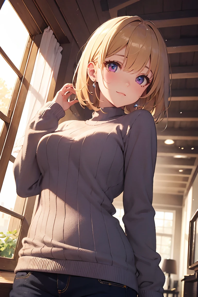 masterpiece, absurdres, best quality, ultra detailed, high Resolution, detailed illustration, extremely beautiful detailed face and eyes, Delicate beautiful face, bright colour, Pastel, 1girl, cute face, magenta eyes, sparkling eyes, big eyes, medium breasts, (perky breasts:1.1), (pointy breasts:1.1), medium hips, glamorous body, white skin, happy, BREAK, long bob cut, (blonde hair:0.8), messy hair, detailed hair, shiny hair, BREAK Maxi sweater, Paislash, tiny ribbon, park, real world, natural lights, perfect lighting, outdoor, from below,