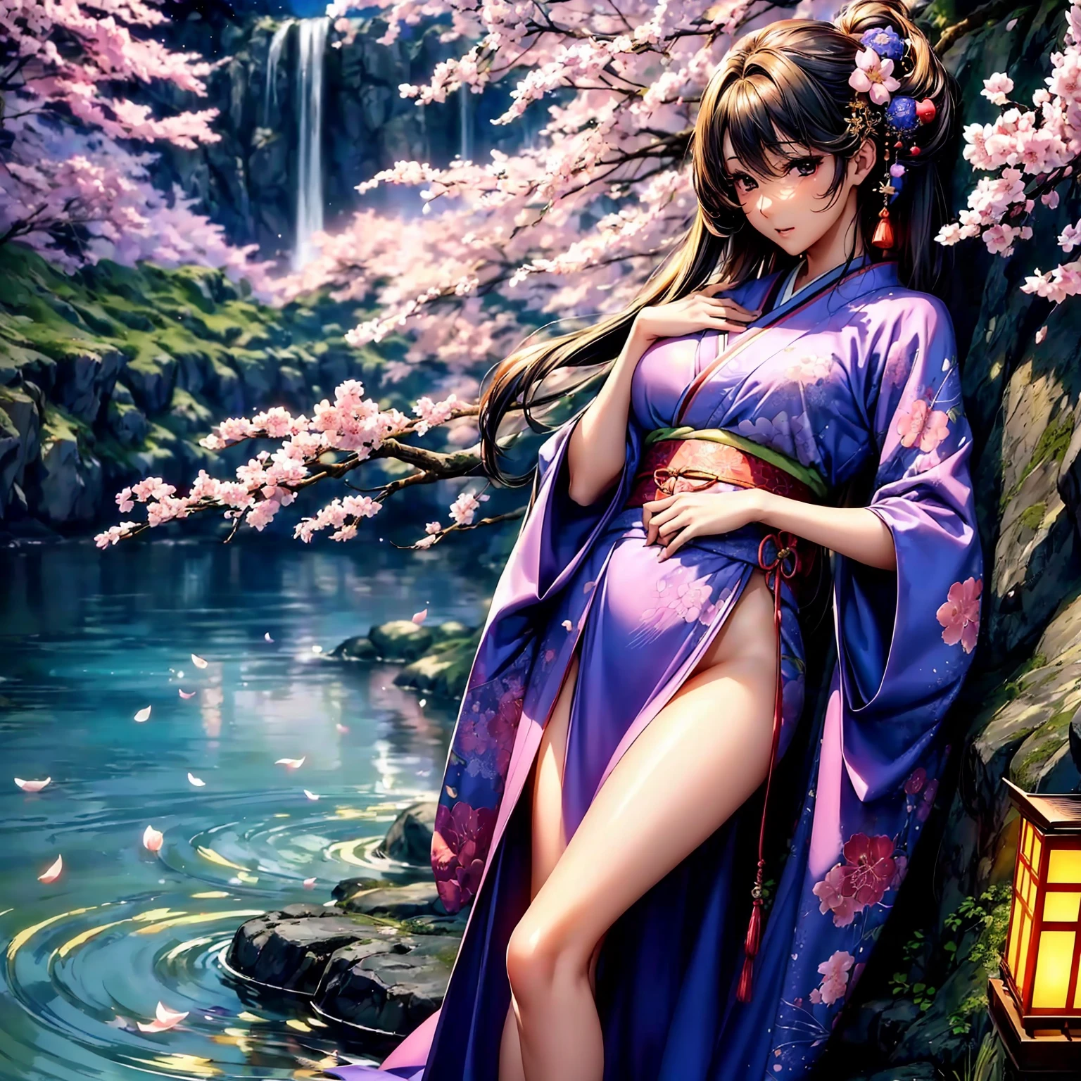 (((highest quality、masterpiece、very high resolution))),(There is a woman with perfect and ultimate beauty.,beautiful figure,beautiful face,beautiful skin,beautiful breasts,Well-formed eyes and nose)、(Beautiful breasts with a slender body shape:F cup,best hair texture,Best skin texture)、((Beautiful Japan kimono:Colorful with Japanese pattern)),(Fantastic waterside,There is a waterfall,Night cherry blossoms and lanterns,mysterious night sky、beautiful scenery),(water play,beautiful pose,model shoot,Hair flutters under the influence of the wind),realistic portrait,bijinga,(highly detailed images、accurate image、Perfect Image 1.5)、beautiful anime woman, beautiful art style, anime character、Overall image、accurate anatomy、Image without defects、natural soft light、beautiful images、(best shot,RAW photo)