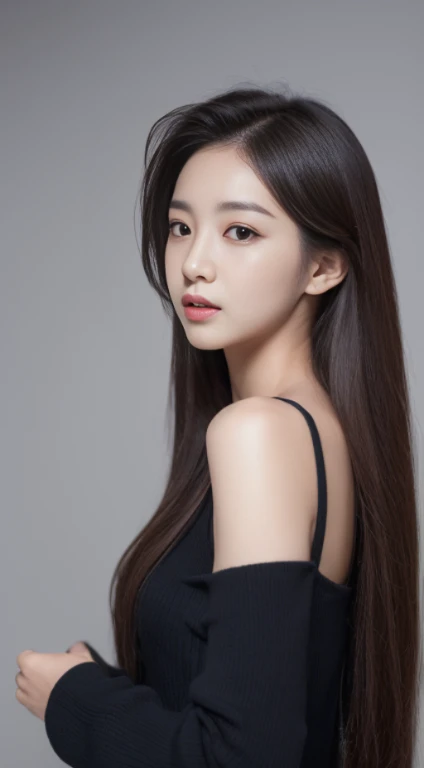 ((Realistic lighting、top-quality、8K、masterpiece:1.3))、Clear focus:1.2、1girl in、flawless beauty:1.4、、Neat and clean clothing、One-piece clothes、Superfine Face、Narrow-eyed、二重まぶた、lighting like a movie、photos realistic、28 year old、Rolled hair、Face like a K-pop idol、white backgrounid、Gray background、Mature Woman、Classy makeup、Angle of pull、length hair、Longhaire、Long hair、Hair like a k-pop idol、wide-angle lens、Full body photo