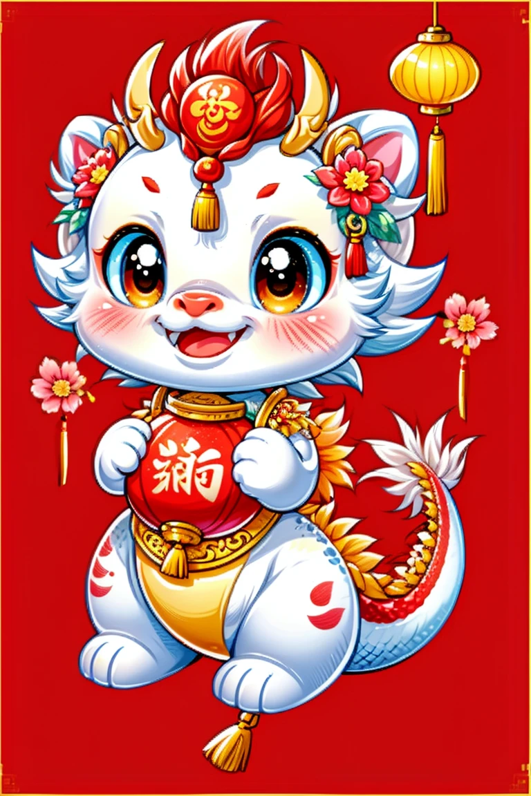 1 Chinese dragon，[(Chinese red background:1.5)::5]，medium shot，Chinese style，Spring Festival，lantern，fireworks，firecracker，Floral fragrance，stone fragment，Beautiful and delicate water，moiré floor，Cute Chinese Dragon