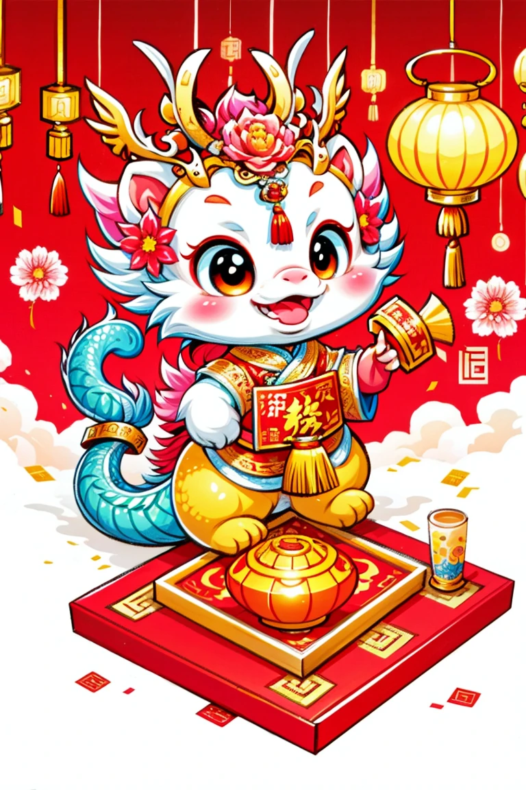 1 Chinese dragon，[(Chinese red background:1.5)::5]，medium shot，Chinese style，Spring Festival，lantern，fireworks，firecracker，Floral fragrance，stone fragment，Beautiful and delicate water，moiré floor，Cute Chinese Dragon