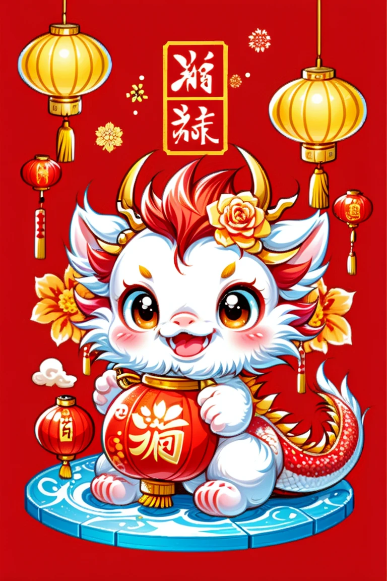 1 Chinese dragon，[(Chinese red background:1.5)::5]，medium shot，Chinese style，Spring Festival，lantern，fireworks，firecracker，Floral fragrance，stone fragment，Beautiful and delicate water，moiré floor，Cute Chinese Dragon