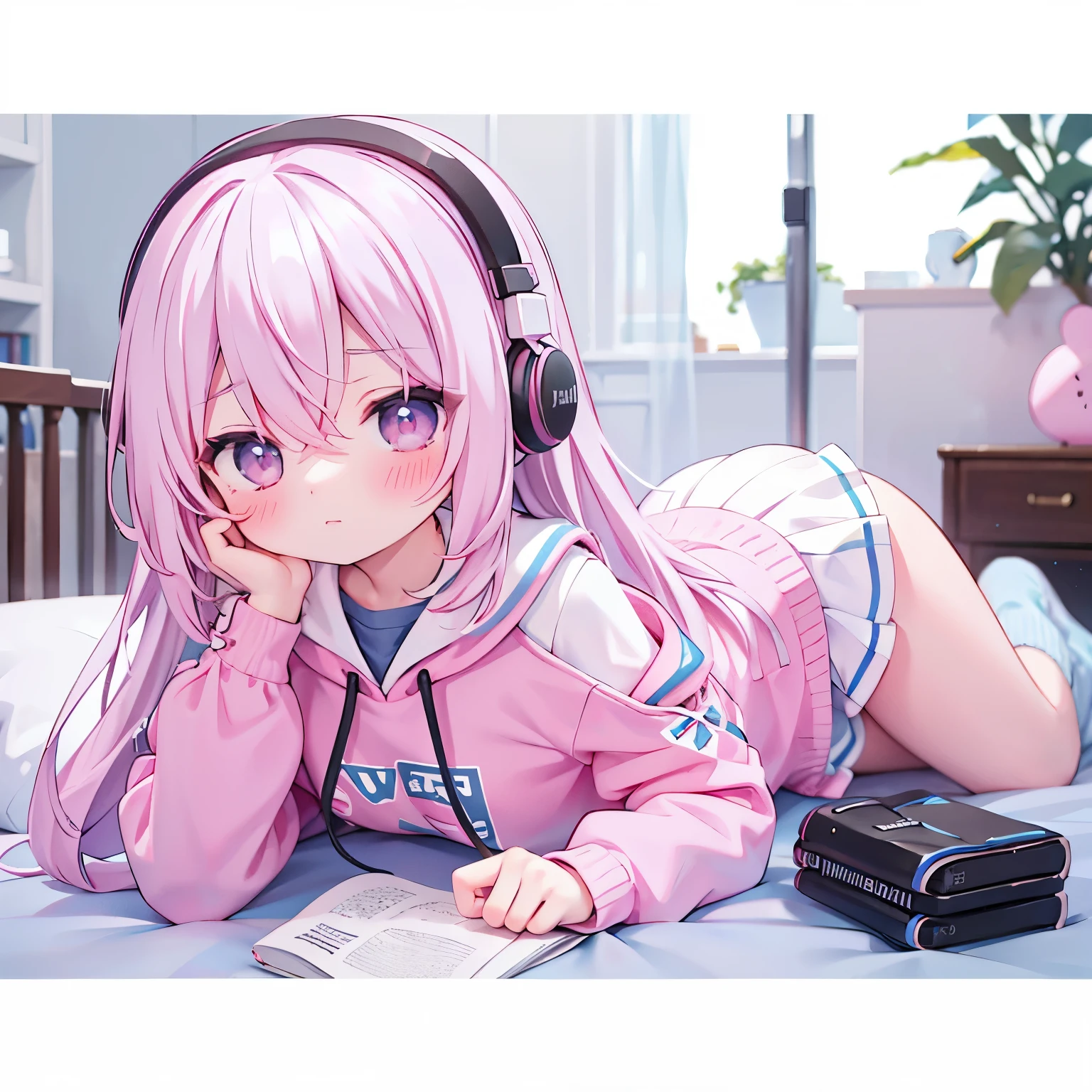 light blue long hair，pink eyes，Pink sweatshirt，Black headphones，white skirt，white silk，shy，