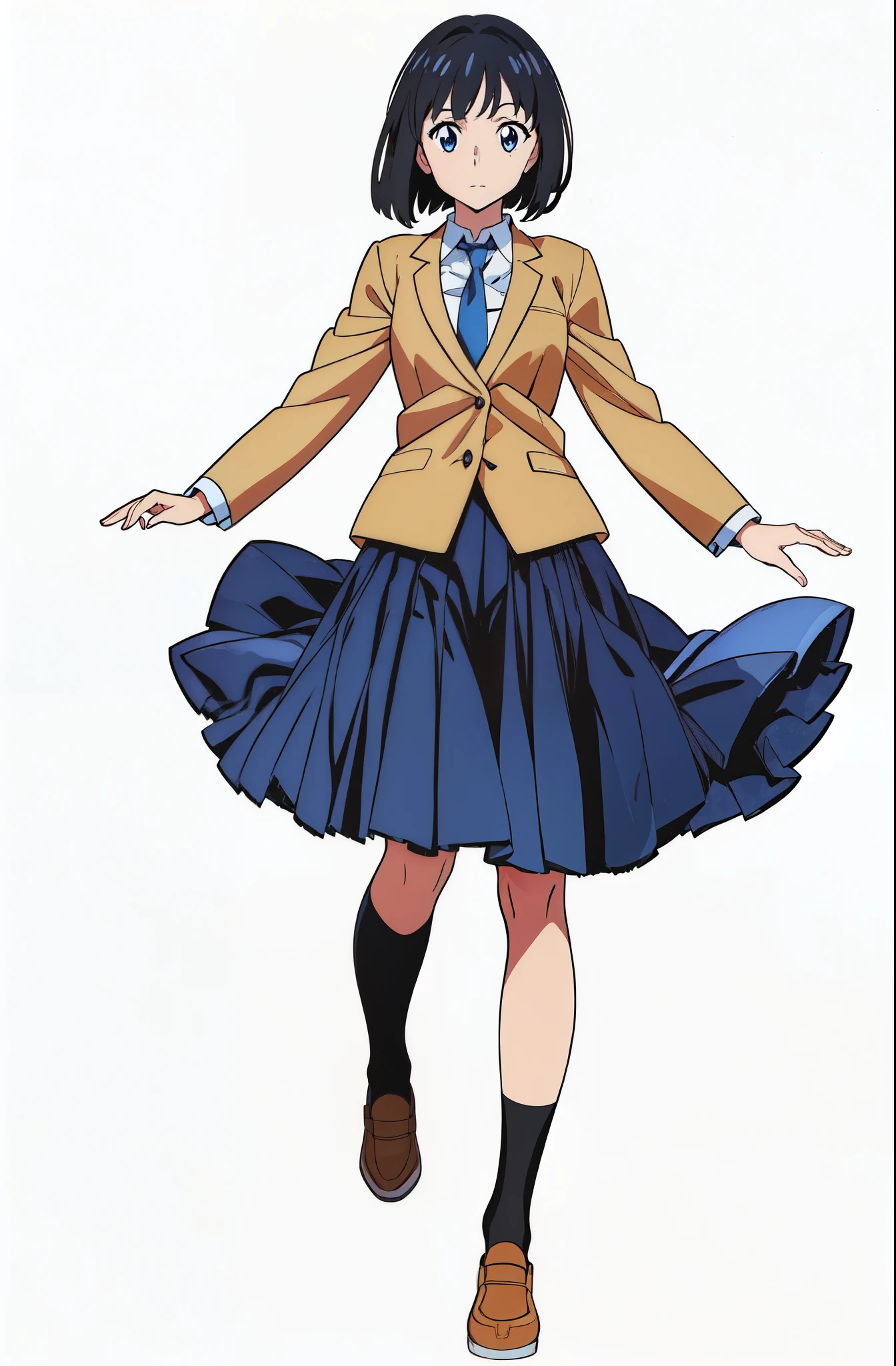 (best quality:2.0), (cute:1.0), (tareme:1.5), (looking at viewer:1.0), (white background:1.0), (anime:2.0), (official art:2.0), (best quality:2.0), (masterpiece:1.0), (full body:1.0), (solo:1.0), (a 18yo cute girl:1.0), (long skirt:1.0), (dark blue skirt:1.0), (pleated skirt:1.0), (school uniform beige blazer:1.0), (dark blue necktie:1.0), (loafers:1.0), (black socks:1.0), (ideal ratio body proportions:1.0), (lanky:1.0), (tall:1.0), (slender:1.0), (small breasts:1.0), (smaller face:1.0), (tareme:1.5), (detailed beautiful eyes:1.5), (detailed beautiful face:1.5), (glowing black eyes:1.1), (bob cut hair:1.0), (black hair:1.0)