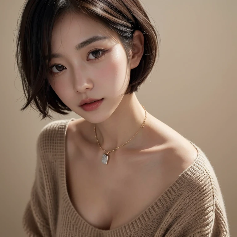 (Best quality, 8k, 32k, Masterpiece, UHD:1.2),Photo of Pretty Japanese woman, large breasts, very short bob hair,upper body,face focus,oversized_sweater, necklace, simple background, from above, looking at viewer,
