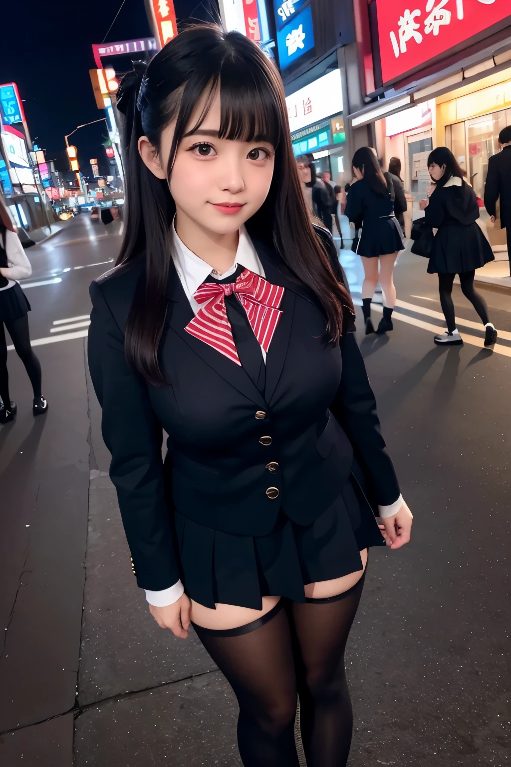 low angle shot、big breasts、Shoes are visible、super treet snap、tall, A baby-faced gal woman wearing a short skirt and bow tie is standing in a neon street at night、high school student、Thin calf、japanese girl、Winter clothes、Wearing Japanese school uniform、Japanese school black uniform、Wearing a surreal high school uniform、girl in uniform、Wearing a dark blue uniform、Full body Esbian、nice skin、glowing skin、nice thighs、(micro hining thighs、Plump thighs、She wears black tights that show her skin、leather shoes、Japanese high school 、Nogizaka Idol、inviting eyes