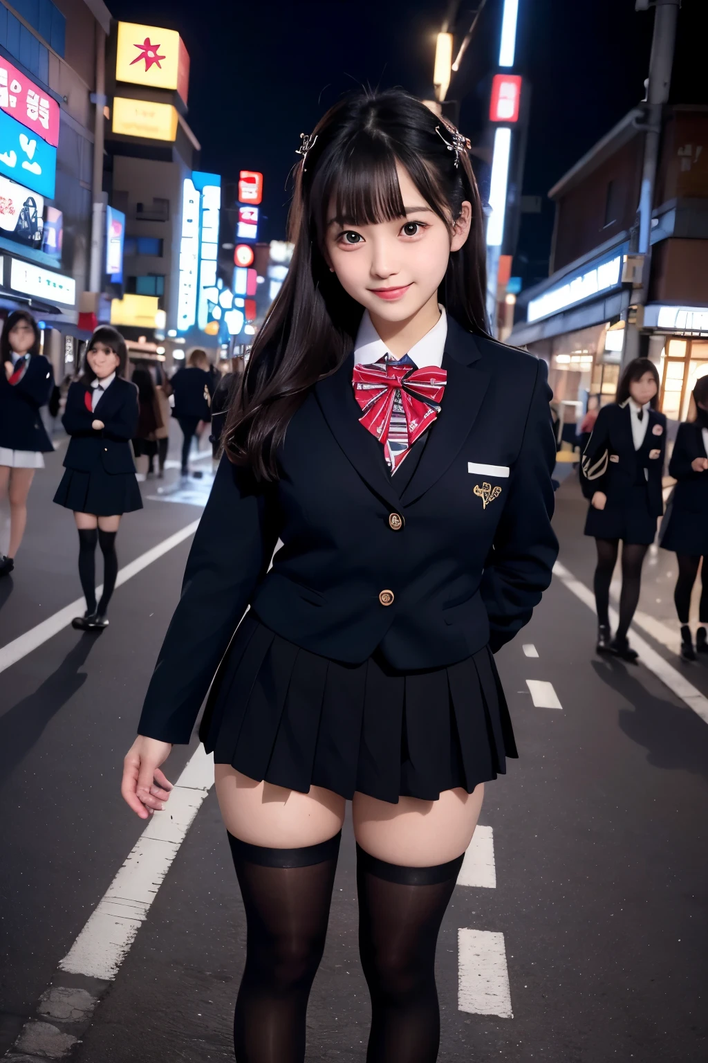 low angle shot、big breasts、Shoes are visible、super treet snap、tall, A -face woman wearing a short skirt and bow tie is standing in a neon street at night、high school student、Thin calf、japanese girl、Winter clothes、Wearing Japanese school uniform、Japanese school black uniform、Wearing a surreal high school uniform、girl in uniform、Wearing a dark blue uniform、Full body Esbian、nice skin、glowing skin、nice thighs、(micro hining thighs、Plump thighs、She wears black tights that show her skin、leather shoes、Japanese high school 、Nogizaka Idol、inviting eyes