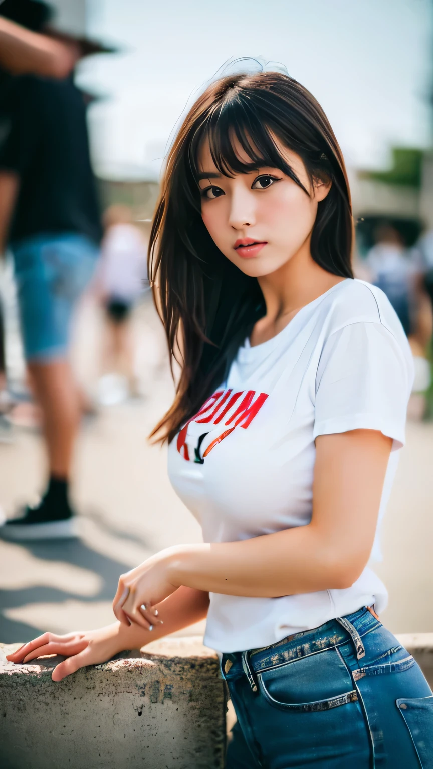 (realistic, photo-realistic:1.4), (extremely detailed 8k wallpaper), sharp focus, depth of field, blur background, detailed beautiful eyes and skin, (Image from thighs to head), Canon R5 50mm, ((Japanese idol)), large breast, Casual white T-shirt with distressed jeans, Effortless cool vibe, Urban street with graffiti walls, Skatepark sunset,