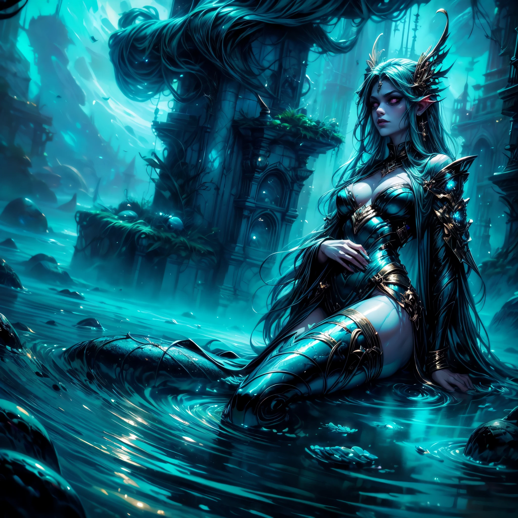 high details, best quality, 16k, [ultra detailed], masterpiece, best quality, (extremely detailed), full body, ultra wide shot, RAW, photorealistic, fantasy art, dnd art, rpg art, realistic art, an ultra wide picture of a mermaid (1.5 intricate details, Masterpiece, best quality) water mage casting ((water control spell)), water wizard ((water magic, intense magic details)), ((controlling a swirling mass of water)), magical symbols GlowingRunes_pink, female mermaid, blue skin, green hair, long hair, swirling hair, lower body tail fin, intense eyes, small pointed ears, ((blue eyes)), ((glowing eyes)), armed with magical wand, wearing sea shell clothing, beautiful mermaid, underwater background, rich underwater life, ((magical atmosphere)), fish and sea weeds, speedpainting high details, best quality, highres, ultra wide angle