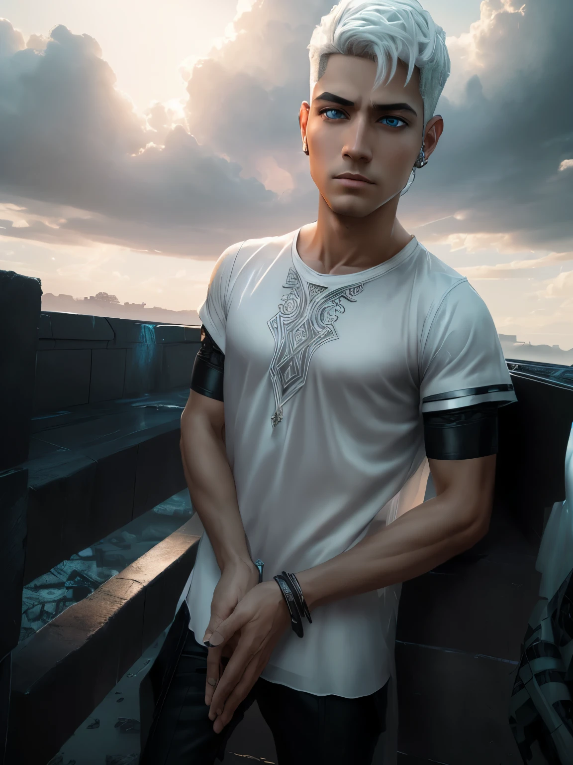 Male cyberpunk, fantasy world, dark background, clean design, epic instagram, artstation, colorful ink splashes, silhouette, hyper detailed intricate details, unreal engine, fantasy, intricate details, home screen, complementary colors, fantasy concept art, 8k resolution, deviantart masterpiece, oil painting, heavy strokes, ink drips, (isolated on white background: 1.3), rainbow skin, (((cute young man))), ((: 1.5) ), (bright blue eyes), (((clear eyes)), ((((short white hair: 1.1)))), ((black clothes)), (prince\\(indifferent expression\\),, (((Wears luxurious black tunic with high details)))), white hair, ice magic, ((chest), story in 3d anime format, 4k, realism --v 6