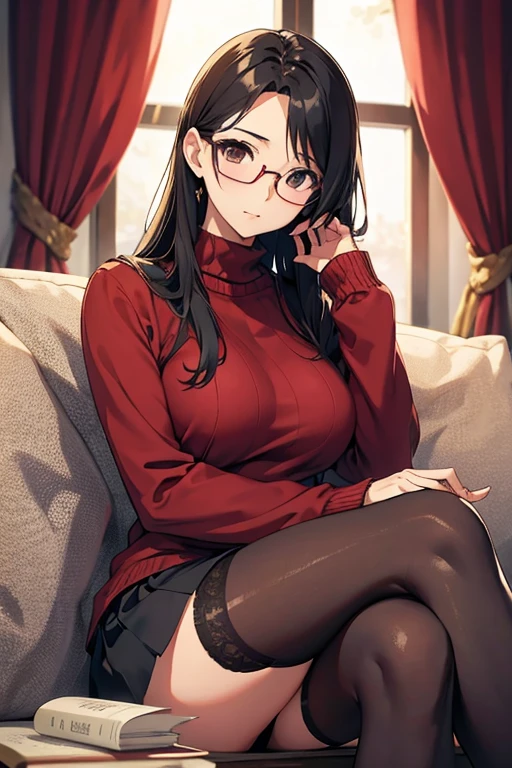 knit、Tight Skirt、beautiful mature woman、Glasses、sit、Upper body、cross your legs、stockings