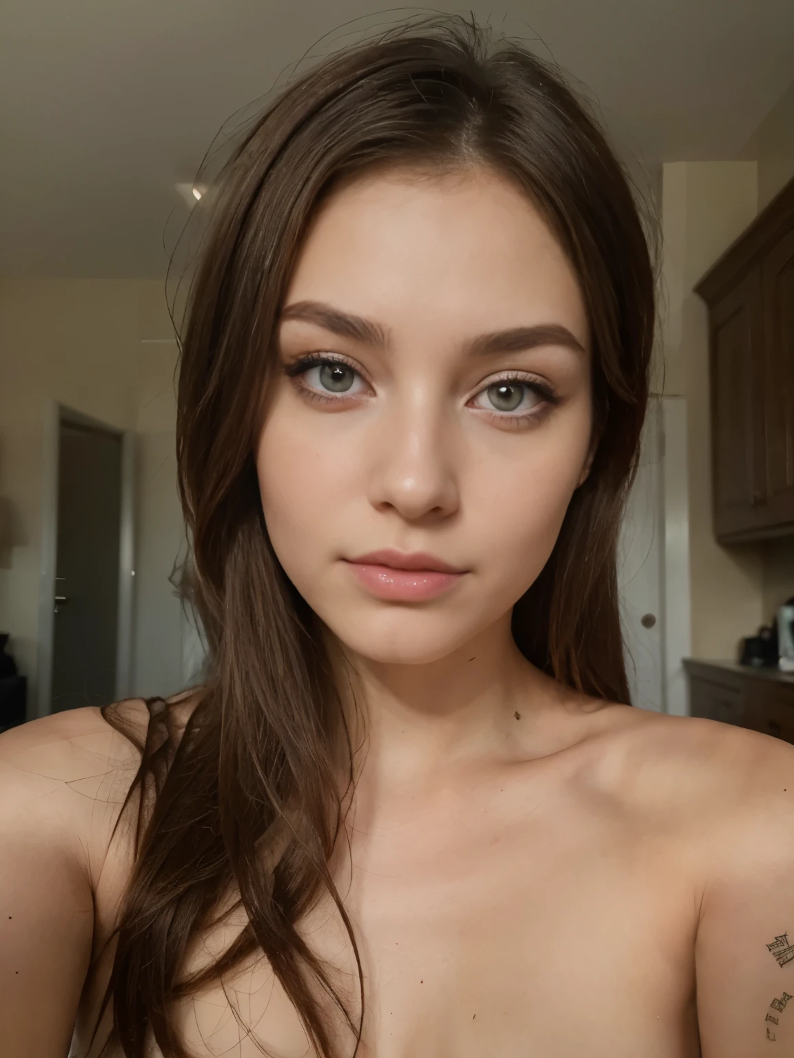 Arafed hungarian woman completely , fille sexy aux yeux bleus, ultra realist, Meticulously detailed, Portrait Sophie Mudd, cheveux blonds et grands yeux, selfie of a young woman, Yeux de chambre, Violet Myers, sans maquillage, maquillage naturel, looking straight at camera, Visage avec Artgram, Maquillage subtil, , dans la chambre, Medium to large bust