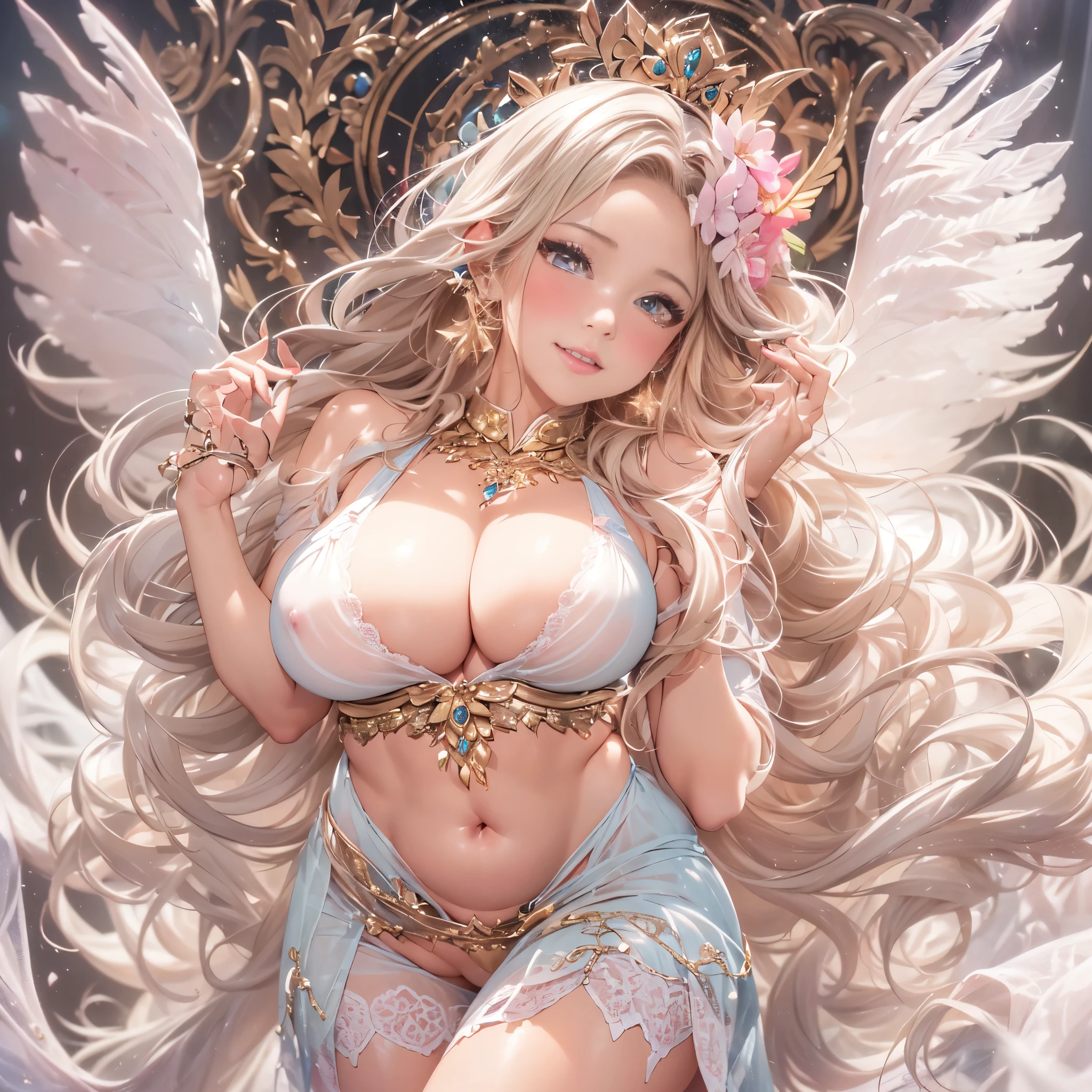 beautiful美しさ, 3D two-dimensional, rich, blonde, skirt, stockings, high heels, poison、star、star、(Highly detailed CG Unity 8K wallpaper),(masterpiece), (最high quality), (Super detailed), (best illustrations),(best shadow), (sharp eyeliner, eye shadow, fine eye:1.1), (超High resolution,realistic,最high quality,realistic),(8K,RAW photo,最high quality,マstarプル),mature woman、sensual curves、huge breasts、thighs、bubble、お尻のmasterpiece, 最high quality, Super detailed, full body shot, mature woman, beautiful mature woman, nightgown and underwear, enchanting smile, thick lips, Chubby lips, blush, looking at the viewer, provocative expression, beautiful髪型, cleavage, Plump、curvy hips、attractive face、sexy lingerie、an inviting gaze、Expression of emotions、Lewd underwear、(((erotic see-through lingerie set)))、Standing position、gorgeous accessories 、big breastsの女性, bare shoulders, golden hair, colored feather, metal ornaments, colored flowers, particle, light, (masterpiece, 最high quality, 最high quality, official art, beautiful and aesthetic:1.2), (1 girl:1.3), very detailed,(fractal art:1.1),(colorful:1.1)、(flowers:1.3),most detailed,(zentangle:1.2), (dynamic pose), (abstract background:1.3), (shiny skin), (lots of colors :1.4), ,(earrings:1.4), (feather:1.4),masterpiece, 最high quality, Super detailed, 30~40 years, full body shot, beautiful 、various hairstyles，gold headband，plump breasts，beautiful butt，greek clothing，Tulle covers the breasts，perfectly proportioned, detailed clothing details,marble，god statue，cinematic lighting, film grain, 8K, masterpiece, Super detailed, high detail, high quality, High resolution,(((NSFW:1.2)))、exposed chest、Openwork decoration，(((see through dress)))、(((解剖学的に正しいbody))) , 最high quality, Super detailed, (((Lewd underwear)))、raise your butt, from below, (((R-18)))、Hakari、thighs, big breasts, Are standing, cowboy shot, blush, (((1 girl))), (masterpiece:1.3), (High resolution), (8K), (very detailed), perfect face, Nice eye and face, (((最high quality))), (Super detailed), detailed face and eye, (alone), High resolution、beautifuleye,(((sexy pose)))、(((整ったbig breasts)))、((beautiful eye))、luxury、(((超High resolution)))、(((detailed description)))、(((ぽっちゃりbody型)))、(((解剖学的構造に一致したbodyの部位)))、beautiful長いまつ毛、バランスのとれたbody型、２book arm、2 feet、Just the right size for your legs and arms、Fishnet tights、glamorous、(((Clear white and black eye)))、lipstick、Sparkling、(Undistorted face, eye, body)、jewelry、gem、(長くカールしたbeautifulまつ毛)、(((バランス良いbeautiful胸)))、(transparent, Exquisite skin:1.2)、(((完璧なglamorousボディー)))、actress face、Super beautiful、Cute smile、Healing beauty
