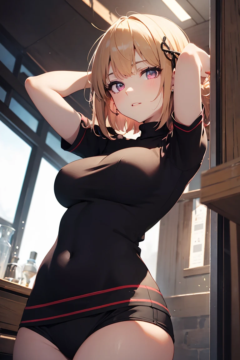 masterpiece, absurdres, best quality, ultra detailed, high Resolution, detailed illustration, extremely beautiful detailed face and eyes, Delicate beautiful face, bright colour, Pastel, 1girl, cute face, magenta eyes, sparkling eyes, big eyes, medium breasts, (perky breasts:1.1), (pointy breasts:1.1), medium hips, glamorous body, white skin, happy, BREAK, long bob cut, (blonde hair:0.8), messy hair, detailed hair, shiny hair, BREAK sweater, tiny ribbon, real world, natural lights, perfect lighting, outdoor, from below,