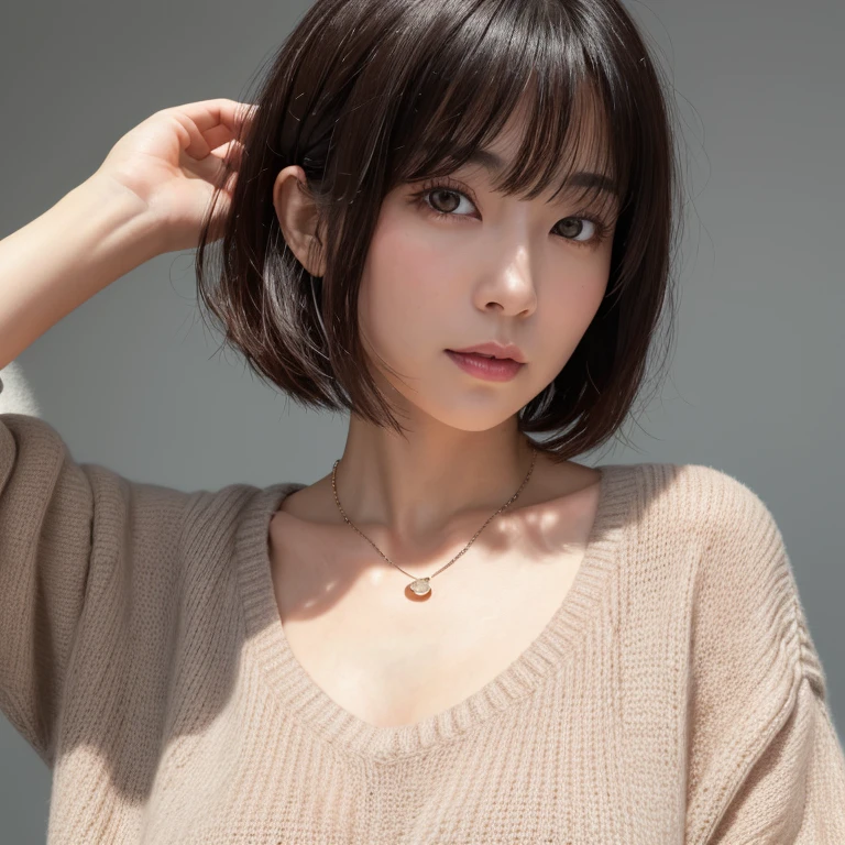 (Best quality, 8k, 32k, Masterpiece, UHD:1.2),Photo of Pretty Japanese woman, large breasts, very short bob hair, slant eyes:1.4, upper body,face focus,oversized_sweater, necklace, simple background, from above, looking back