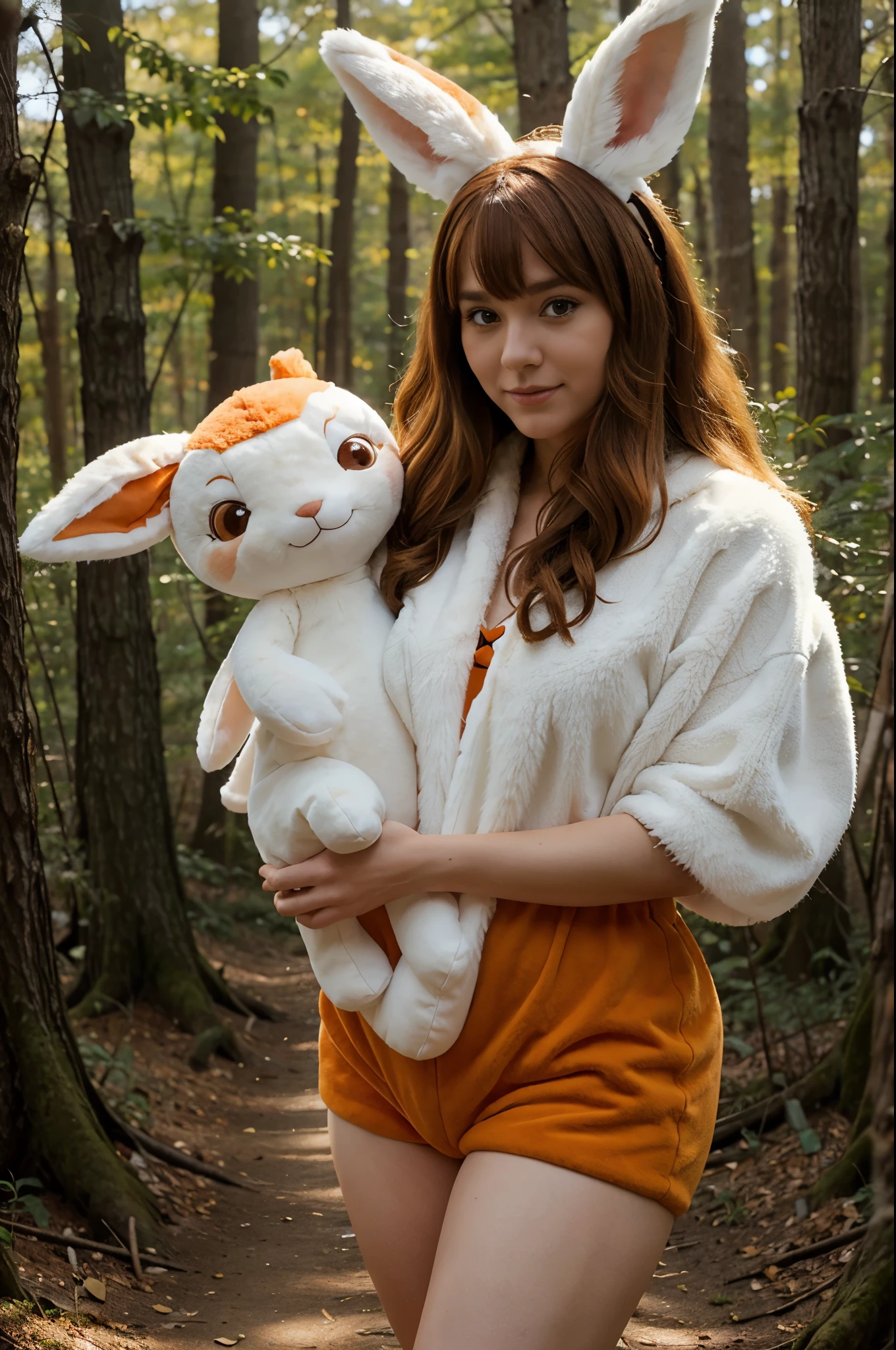 in a fluffy orange fox costume with a long tail and ears holds a white plush hare in his hands, In the woods,