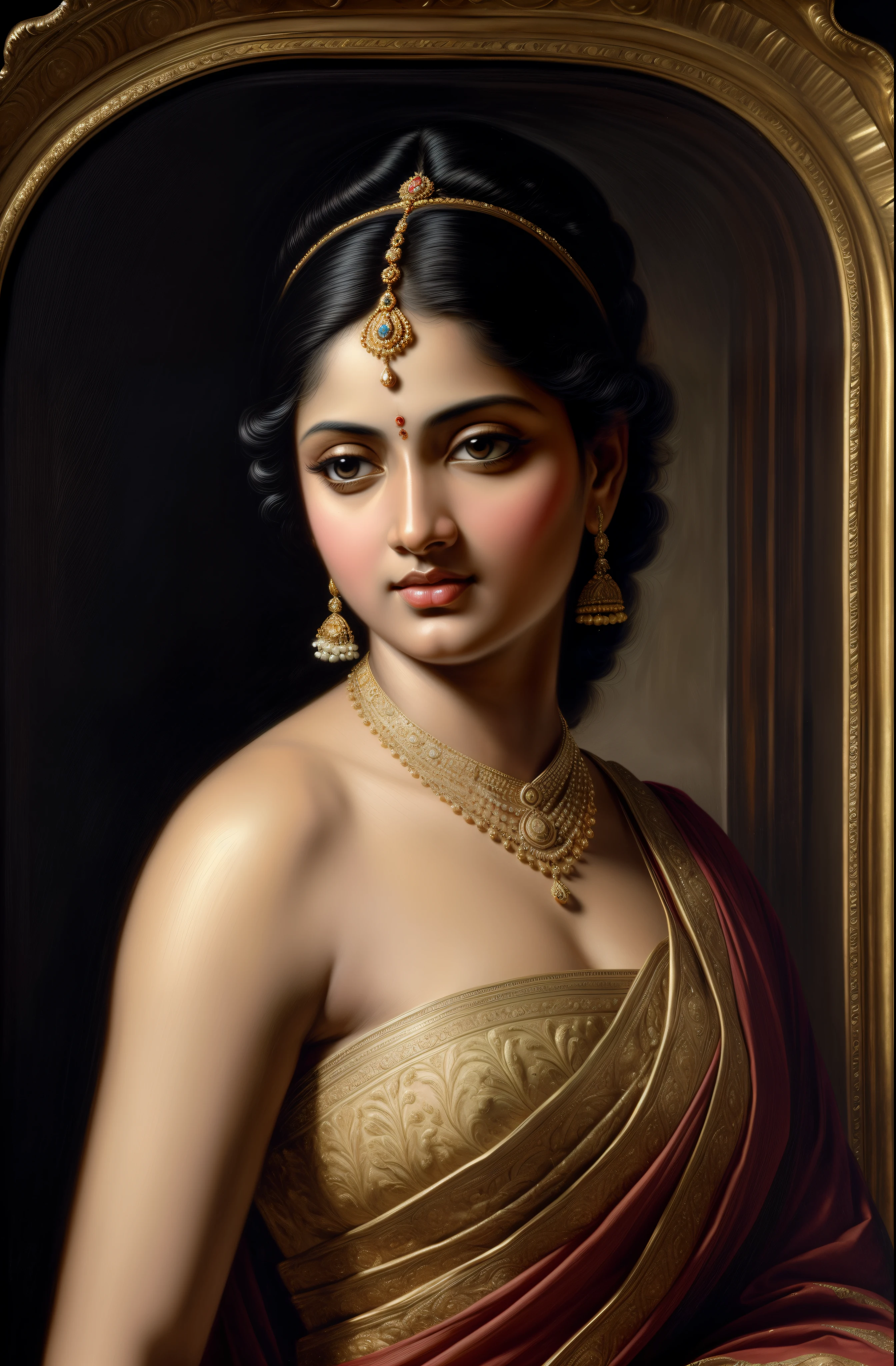 Beautiful Indian Woman, wearing saree, sari Beauty, gorgeous, Apsara, Maharani, royal queen woman, nymph from Hindu Mythology, Urvashi, matchless beauty, Highly detailed, Oil Painting by Peter Paul Rubens inspired by Raja Ravi Varma, Matchless beauty, captivating, gorgeous, heavenly beauty, celestial beauty, by Peter Paul Rubens, 1893, realistic, hyper realistic, micro details, incredible artwork, insane details, ultra High resolution, 8k, 32k,  acrylic on canvas, intricate, flawless, detailed, detailed face, detailed eyes, masterpiece, by Peter Paul Rubens, by Caravaggio, by William Adolphe bouguereau, perfect face, perfect body, beautiful art, realism, baroque, renaissance Art, highly textured, beautiful and detailed eyes, uhd, best quality,