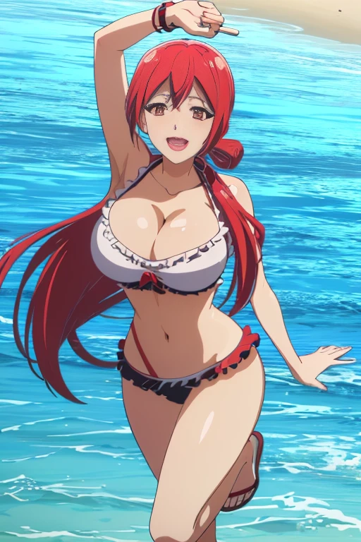 masterpiece, high resolution, best quality, beautiful art, well made hands,fingers and body, 1 woman, solo, Akane Hiyama, mature woman, big breasted, cleavage, sexy body, alluring figure, wearing a Mata Hari outfit, sexy belly dancer, sexy and skimpy arabian outfit, full body, dancing seductively and passionately, showing her cleavage and legs, sexy legs, hips and thighs, looking at the viewer, smiling joyfully, flirting at the viewer, erotic and sexy dancing moves, beach environment