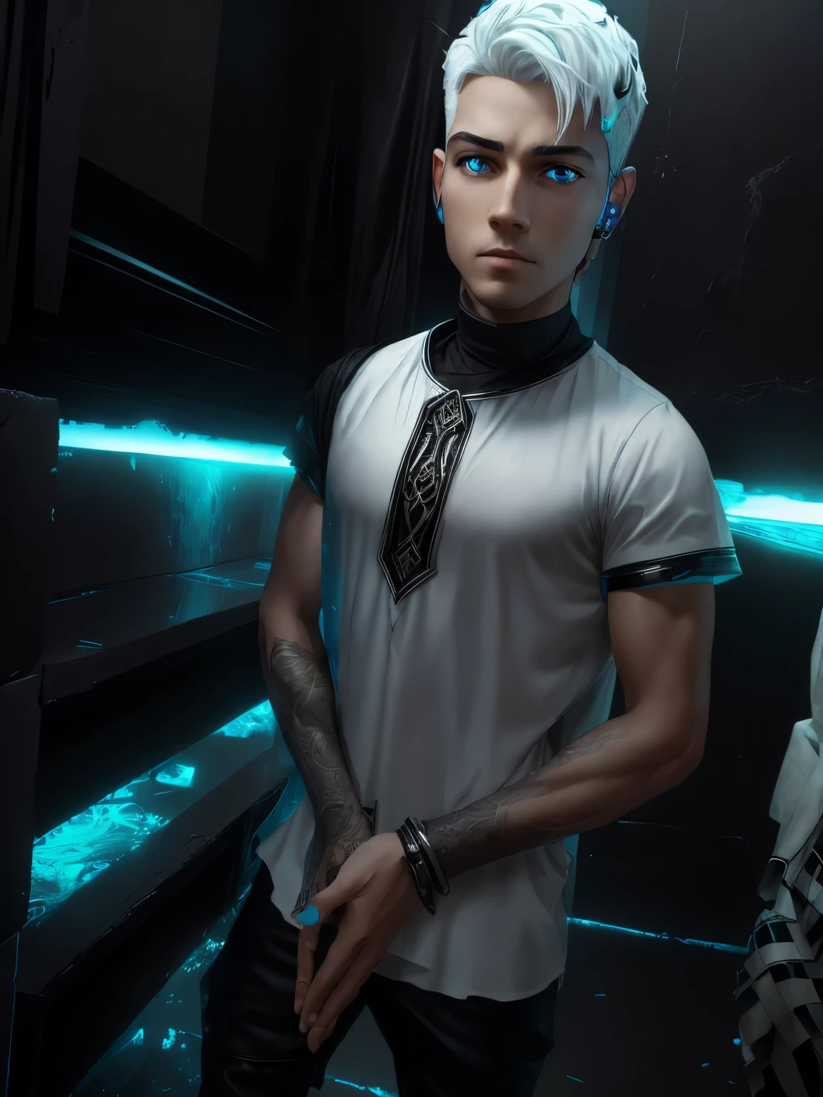 Male cyberpunk, fantasy world, dark background, clean design, epic instagram, artstation, colorful ink splashes, silhouette, hyper detailed intricate details, unreal engine, fantasy, intricate details, home screen, complementary colors, fantasy concept art, 8k resolution, deviantart masterpiece, oil painting, heavy strokes, ink drips, (isolated on white background: 1.3), rainbow skin, (((cute young man))),  ((teen: 1.5) ), (bright blue eyes), (((clear eyes)), ((((short white hair: 1.1)))), ((black clothes)), (prince\\(indifferent expression\\),, (((Wears luxurious black tunic with high details)))), white hair, ice magic, ((chest), story in 3d anime format, 4k, realism  --v 6 