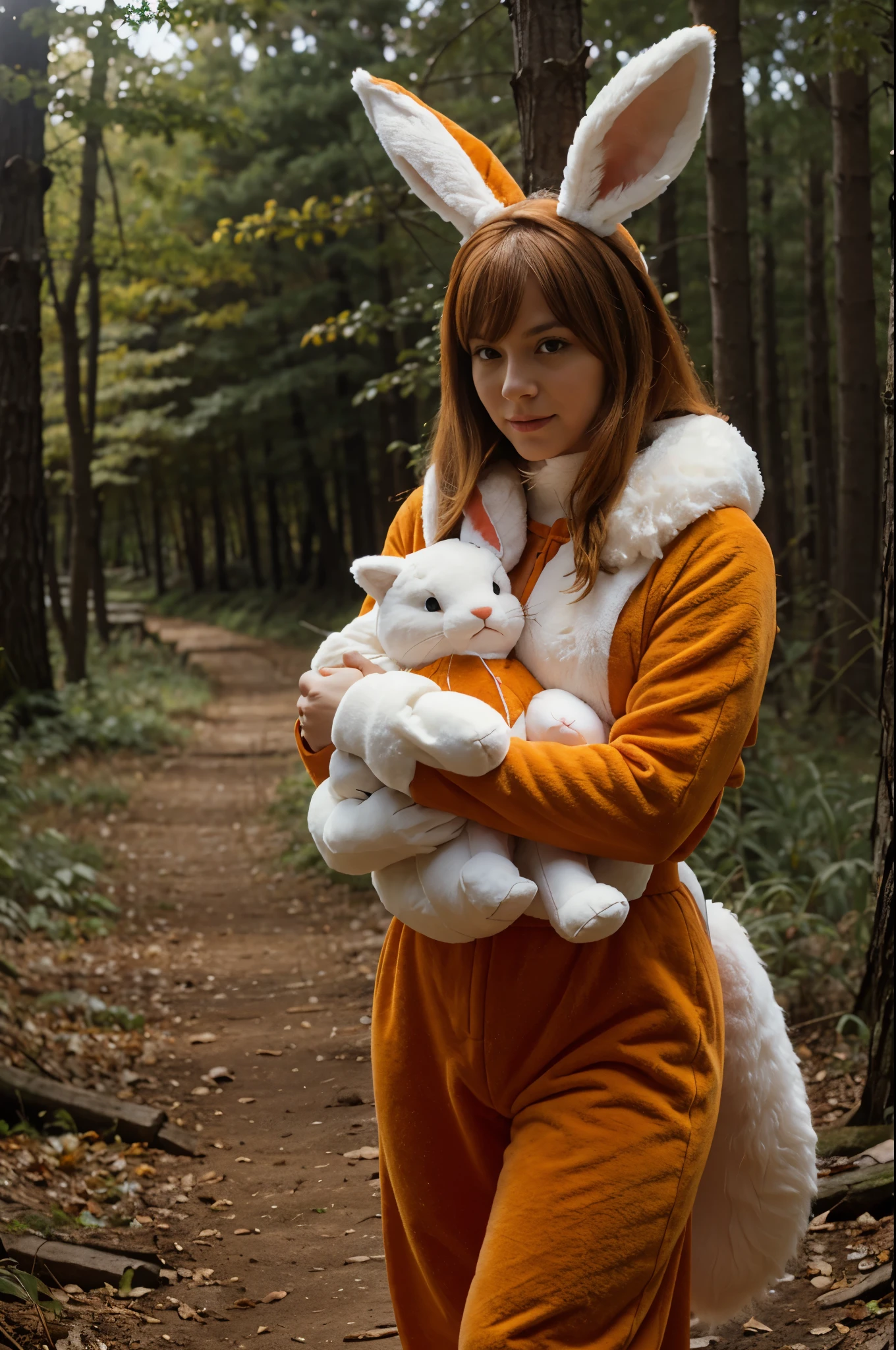 in a fluffy orange fox costume with a long tail and ears holds a white plush hare in his hands, In the woods,