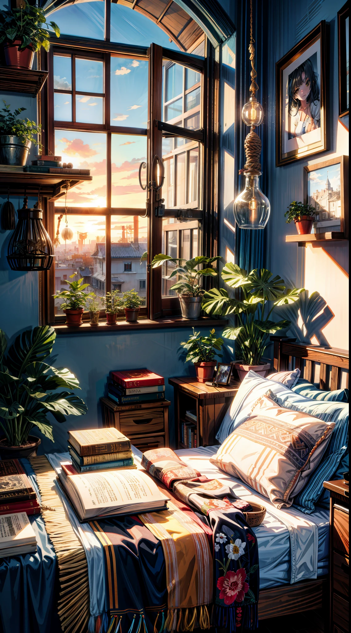 painting of a cozy boho bed room, sunlight, beautiful calm lofi vibe,big bed, quill, side table, monstera plant, hanging lights  , 4k hd, sunlight, cloud,big window,open balcony,book rack,beautiful art uhd 4 k, a beautiful artwork illustration, beautiful digital painting, highly detailed digital painting, morning, blue sky, afternoon, beautiful digital artwork, detailed painting 4 k, very detailed digital painting, rich picturesque colors, gorgeous digital painting