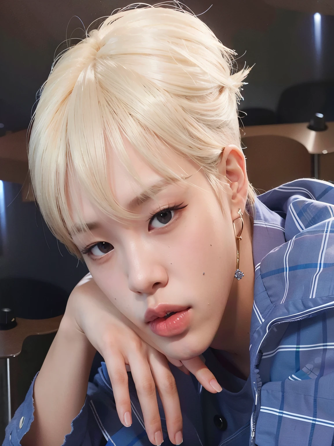 un primer plano de una persona con una camisa azul y un anillo en el dedo, Jimin\los labios carnosos, accurate Jimin face, Jimin\la nariz griega, park Jimin, Jimin, Jimin\his right eyelid is swollen, Jung Jaehyun, kim doyoung, retrato de jossi de blackpink, hyung tae, TaeJune Kim, hong junio hyung