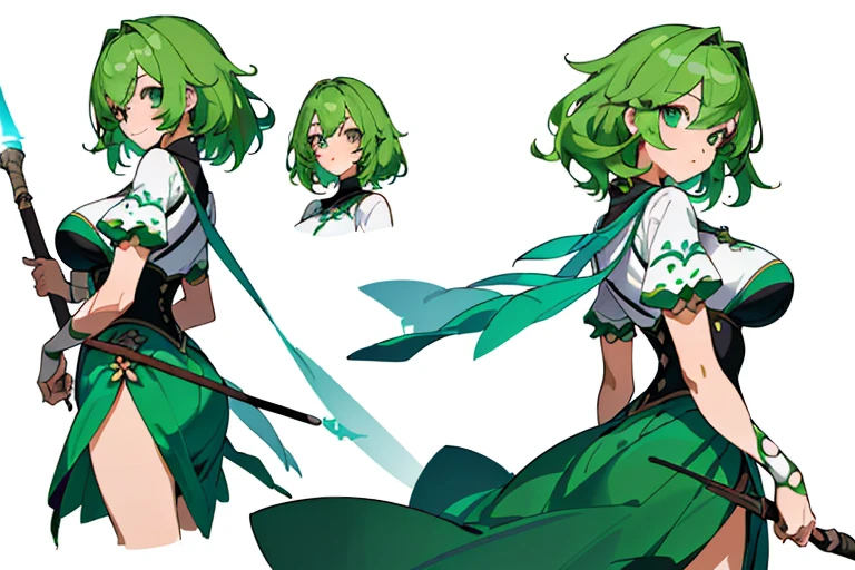 (masterpiece)),(((best quality))),((character design sheet,same character,front,side,back)),illustration,1 girl,medium hair,hair on eyes,beautiful eyes,environment Scene change, pose too, sexy big breasts female medium green hair, holding a spear, visible breasts, charturnbetalora, (simple background, white background: 1.3)