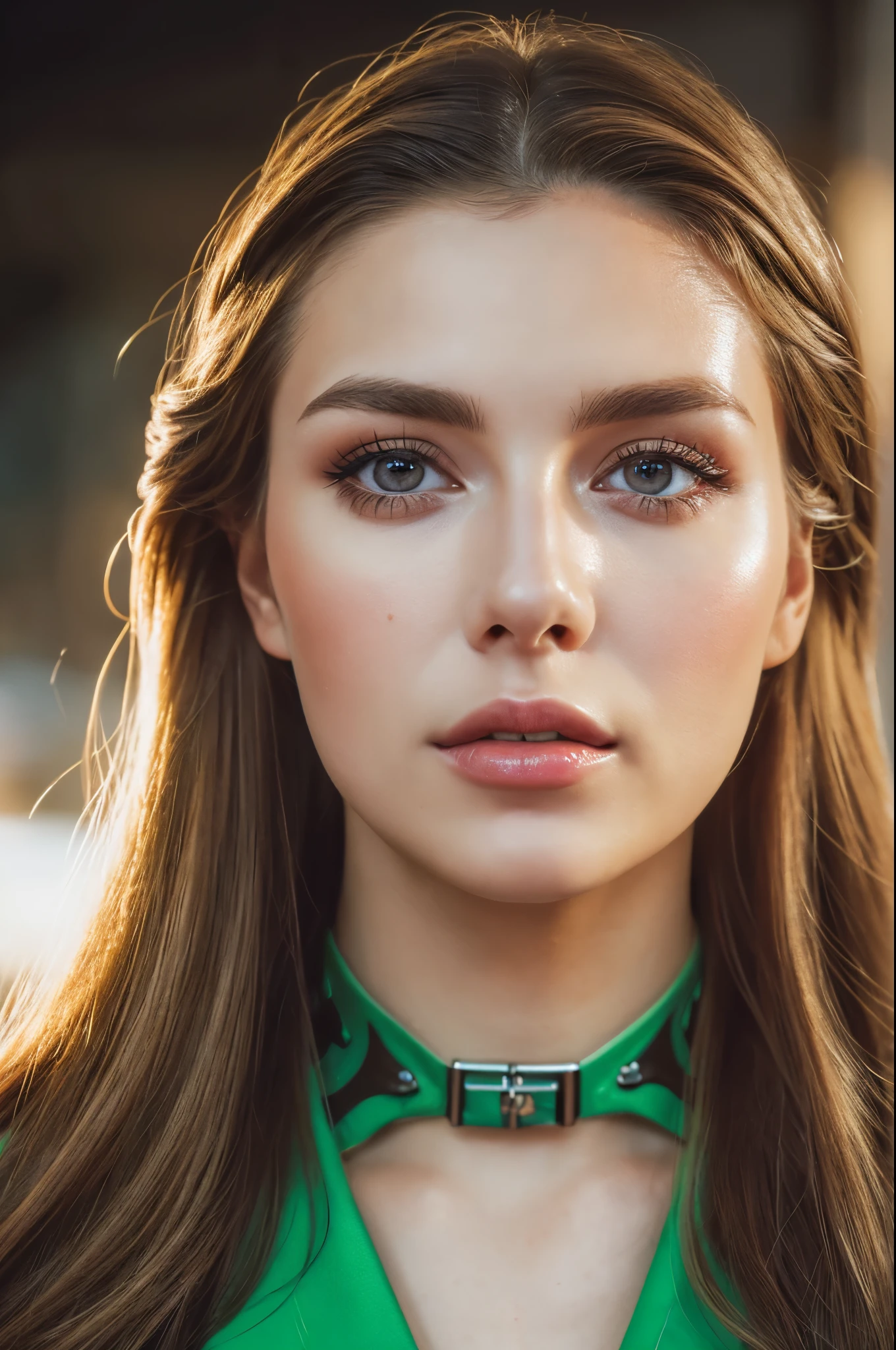 Face portrait photo oF a 21-year-old German woman, .raw, beautiFul woman, half strawberry lips, Fossettes, nostalgic look, green eyes, great student, Large eyelashes, (Brown extra long wavy hair), ((detailed Face)), ((detailed Facial Features)), (Finely detailed skin), red skin, (Deep neckline detailing high-tech cyberpunk dress), Cyberpunk Cyberpunk big city environment, (couleurs Froides), moist, moist, reFlections, (masterpiece) (height ratio / largeur parFait) (photo realist) (best quality) (detailed) Shot with Canon EOS R5, ObjectiF 50mm, F/2.8, human development report, (8k) (wallpaper) (light) (戏剧性的light) (sharp focus) (complicated)