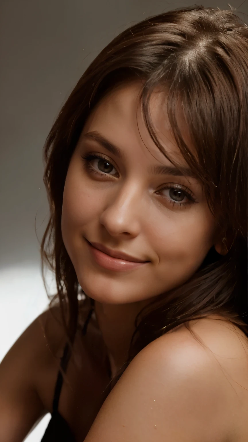 close up portrait of a beautiful cute skinny 29 years old swedish spanish woman, seductive eyes, smiling , studio lighting. you wanna merry her
