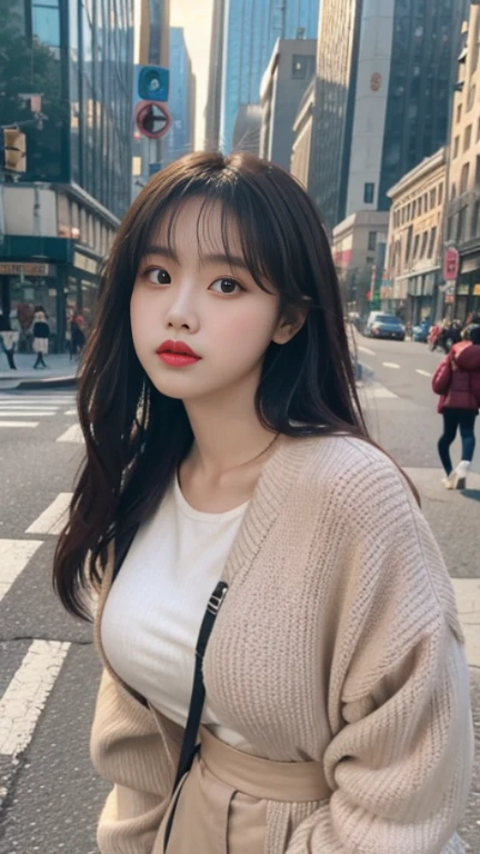 glamour photo of boram_jj, amidst a bustling city, upper body framing, in a street photography setting, golden hour lighting:1.3), shot at eye level, on a Fujifilm X-T4 with a 50mm lens, 
