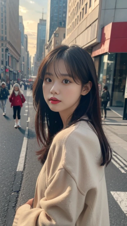 glamour photo of boram_jj, amidst a bustling city, upper body framing, in a street photography setting, golden hour lighting:1.3), shot at eye level, on a Fujifilm X-T4 with a 50mm lens, 
