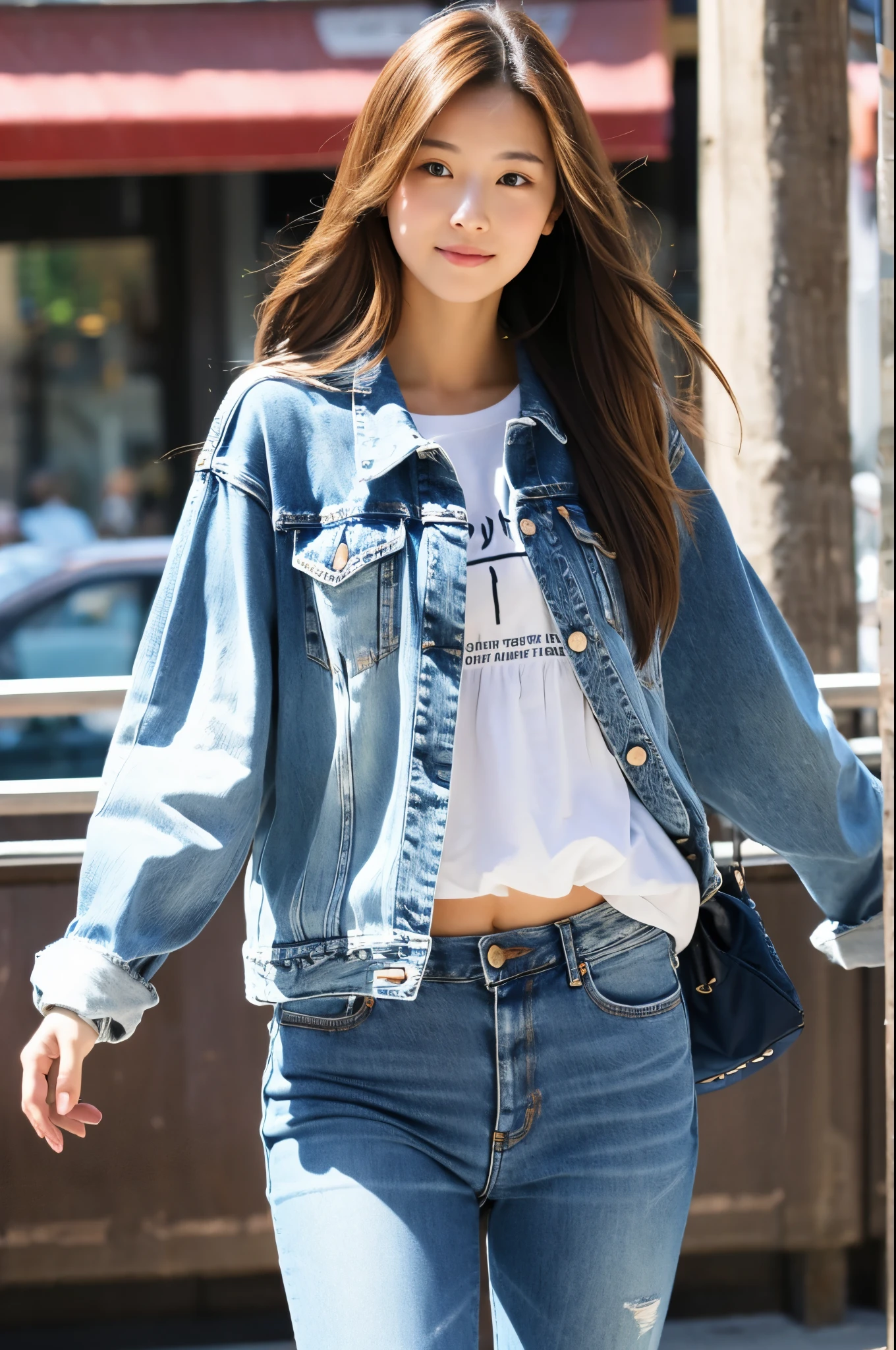 Woman in loose clothes, young, beautiful, long hair, 25 years, fashionable, city tour, dynamic poses, skinny jeans