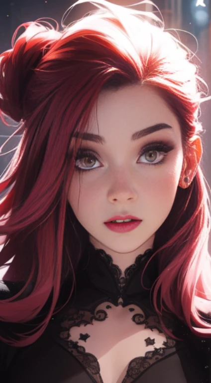 vampire, yeux rouge rubis, divinity, (Effects of particles around his head, beaucoup de particules effect) tatouage, maquillage, Paysage de nuit qui passe, Une belle fille avec, UHD Portrait, (High quality) (ultra details) Regarder le spectateur en tenue de ville de style hip-hop; different, colourfull, cheveux longs blanc 🌈