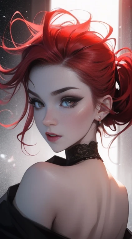 vampire, yeux rouge rubis, divinity, (Effects of particles around his head,  beaucoup de particules effect) tatouage, maquillage, Paysage de nuit qui passe, Une belle fille avec, UHD Portrait, (High quality) (ultra details) Regarder le spectateur en tenue de ville de style hip-hop; different, colourfull, cheveux longs blanc 🌈