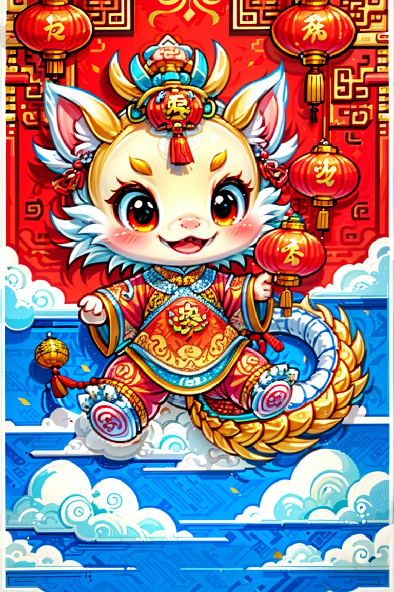 1 Chinese dragon,(China red:1.5),medium shot,Chinese style,chinese palace,Spring Festival,lantern,fireworks,firecracker,flowers,clouds,stone fragment,Beautiful and delicate water,Wood grain flooring,Cute Chinese Dragon