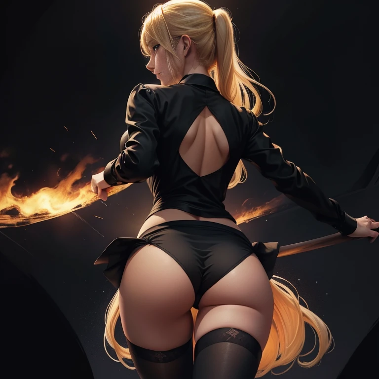 The image depicts a double illustration of a blonde girl in a black shirt and black stockings, with her back facing the viewer. She is shown from the hips down, with her back arched and her legs spread. The background is a dark sky.