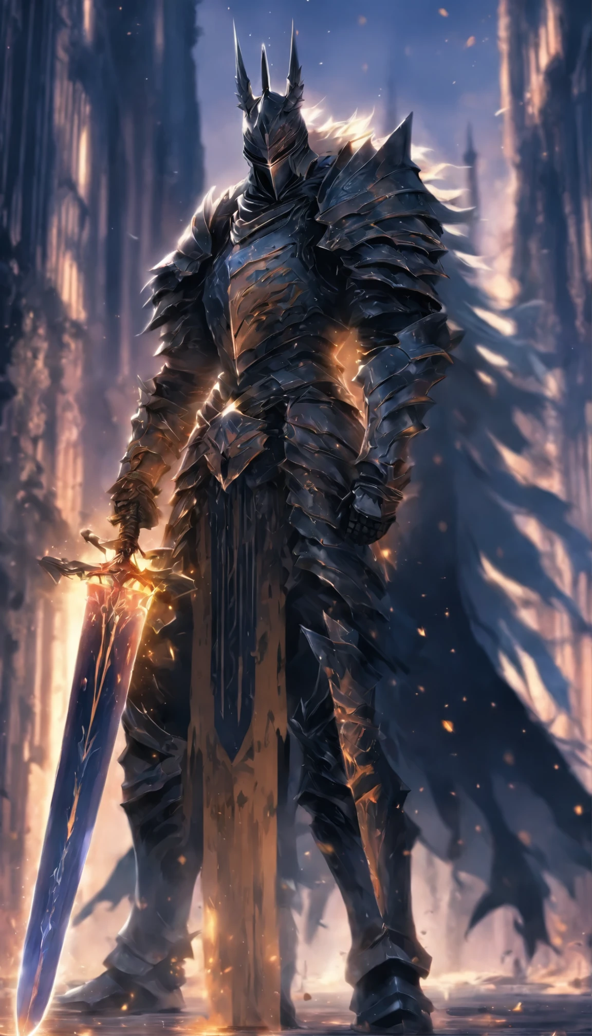 anime character with sword standing in front of a building, fallen knight, from arknights, gothic knight, evil knight, the style of wlop, fantasy knight, knight, royal emperor, dark souls knight, off-white plated armor, wearing heavy armor with cape, black heavy armor with gold trim, smooth anime cg art, artorias, glowing sword