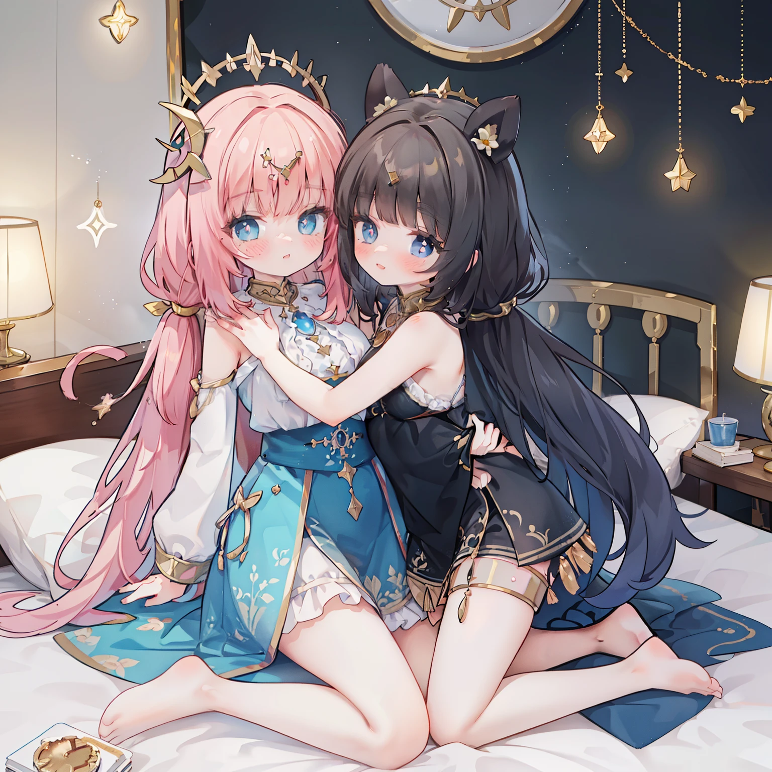 (best quality,8k,high resolution,masterpiece:1.2),super detailed,lifelike,CG wallpaper,Excellent, Beautiful and delicate face, 2 girls, hug together，cross-shaped pupils, Default attire, Everlasting，Kneel on the bed，blushing